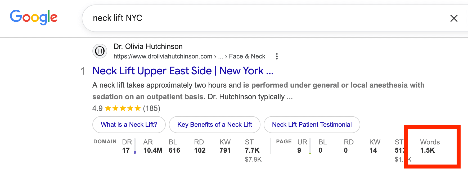 ```json
{
"alt": "Google search result for neck lift in NYC with Dr. Olivia Hutchinson's website ranked first.",
"caption": "Discover top-ranked neck lift services in NYC, featuring Dr. Olivia Hutchinson. A trusted choice for professional and caring procedures.",
"description": "Screenshot of a Google search result for 'neck lift NYC,' showing Dr. Olivia Hutchinson's website as the top result. The entry highlights neck lift procedures on the Upper East Side, outlines the procedure duration, anesthesia details, and features a 4.9 star rating from 185 reviews. It includes additional statistical data such as domain ranking and page metrics, making it a detailed and informative snippet for interested patients."
}
```