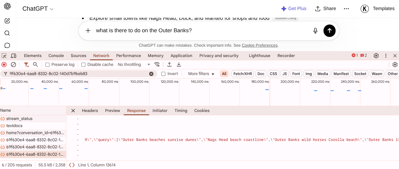 ```json
{
  "alt": "ChatGPT browser window showing network tab with response data related to Outer Banks search.",
  "caption": "Exploring the Outer Banks online through a network tab view, uncovering queries about scenic beach points.",
  "description": "This image displays a browser window with the network tab open, part of a developer's tool in a ChatGPT session. The visible section lists various network requests and responses associated with a query about Outer Banks. The response data mentions phrases like 'Outer Banks beaches sunrise dunes' and 'Nags Head beach coastline,' reflecting an exploration of scenic coastal locations. The layout captures elements like time graphs, filters, and specific headers, offering insight into the backend processing of web queries."
}
```