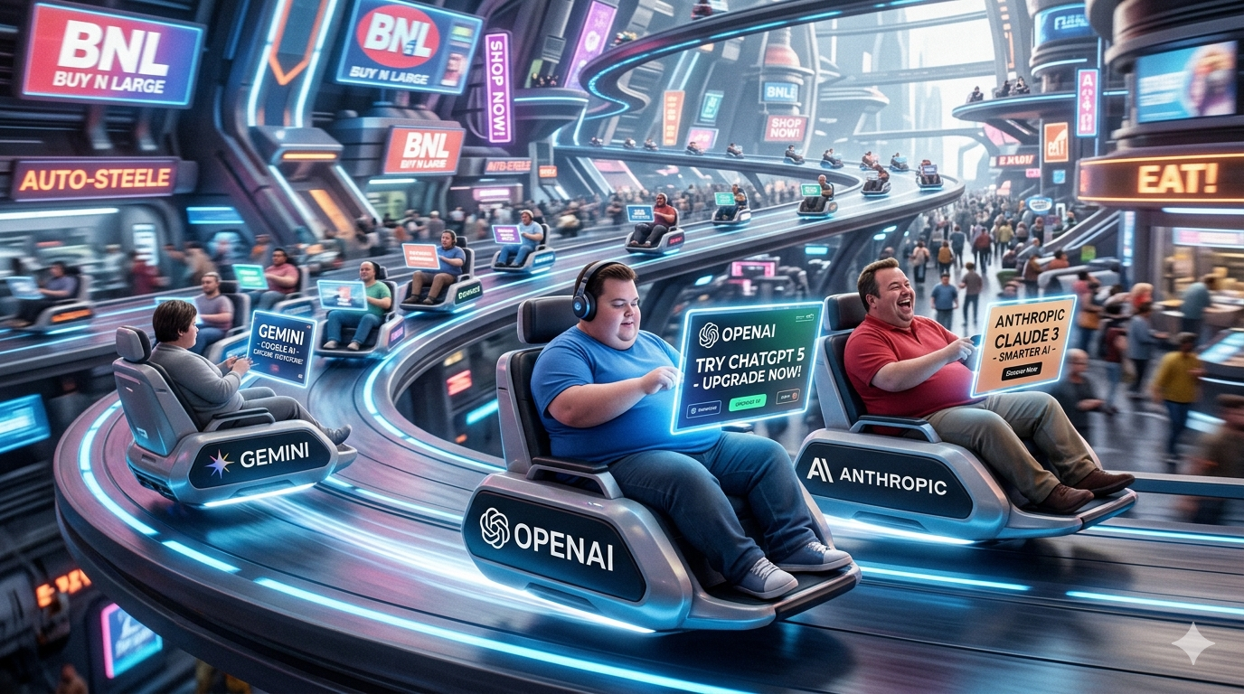 ```json
{
  "alt": "People sitting in futuristic chairs with AI company logos in a high-tech environment.",
  "caption": "In a bustling futuristic cityscape, individuals glide in high-tech seats advertising AI firms like OpenAI. The city embodies a vibrant digital age.",
  "description": "This image depicts a futuristic scene where people recline in advanced hover seats labeled with AI company logos such as OpenAI and Anthropic. The setting is a bustling, high-tech city with neon signs and digital advertisements, creating an immersive cybernetic environment. The image captures the essence of a digitally-driven future, with seamless integration of technology into everyday life."
}
```