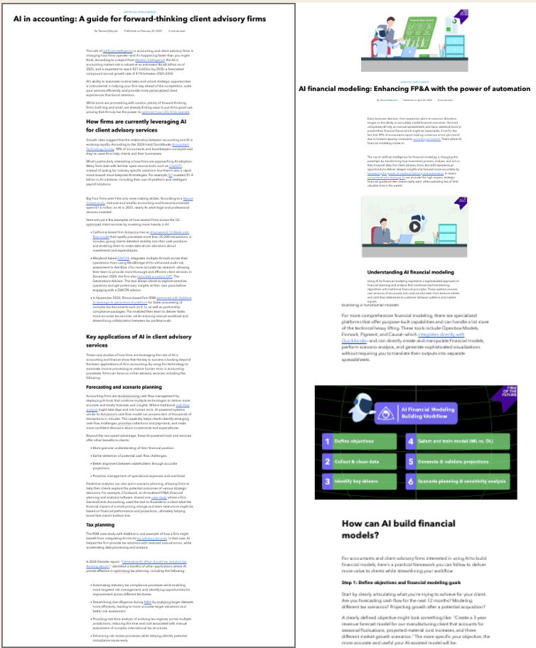 ```json
{
  "alt": "Split view of web articles on AI in accounting and AI financial modeling, featuring digital illustrations.",
  "caption": "Explore the integration of AI in accounting and financial modeling with these insightful articles, featuring engaging illustrations and practical frameworks.",
  "description": "This image shows a two-page layout of online articles discussing the implementation of AI in accounting and financial modeling, aimed at enhancing advisory firms' services. The left page focuses on leveraging AI for client advisory services, covering topics like scenario planning and tax planning. The right page is about using AI for financial modeling and enhancing FP&A through automation. Illustrated graphics depict business professionals interacting with AI systems, adding visual interest. Keywords include AI, accounting, financial modeling, and advisory services."
}
```