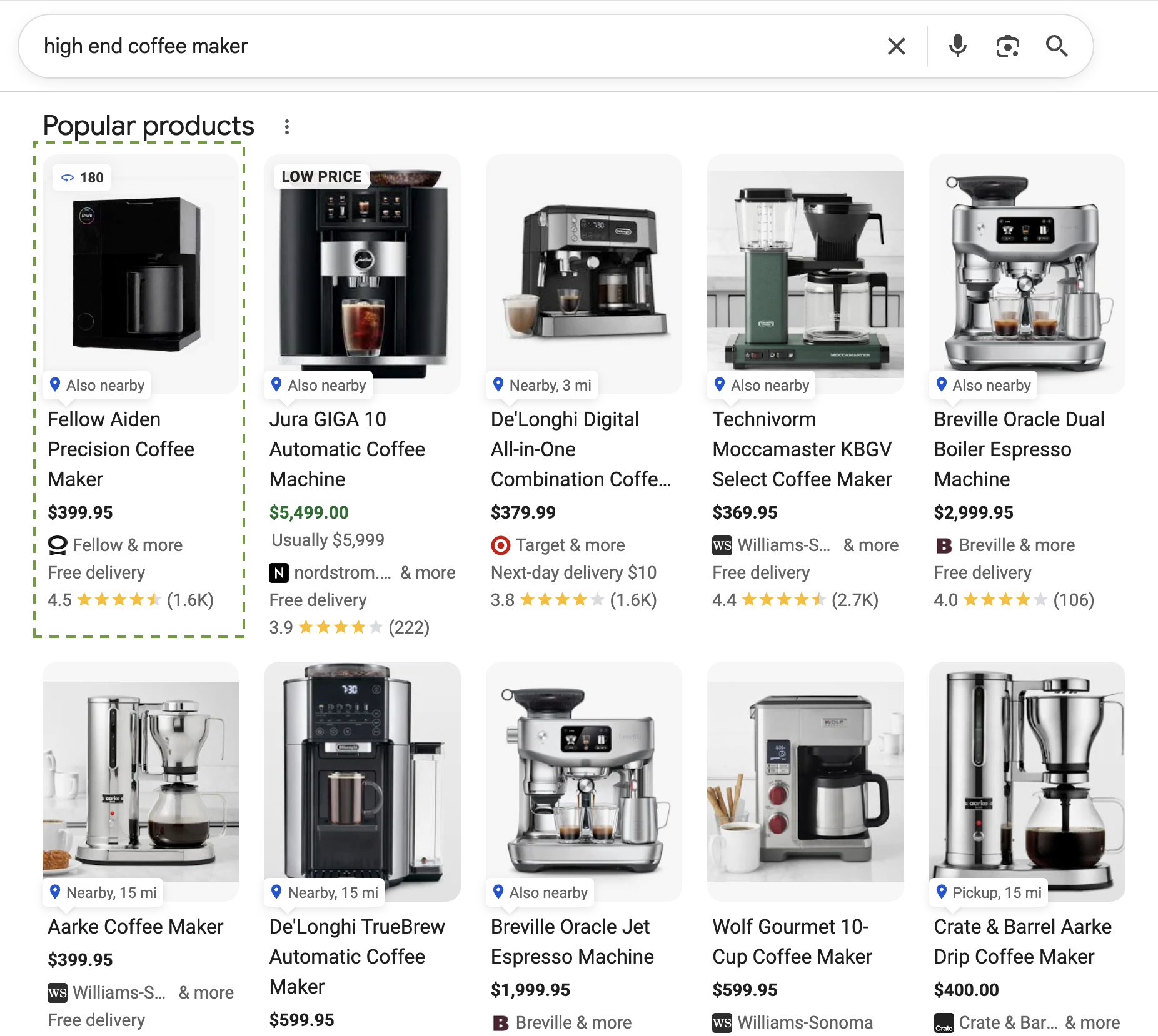 ```json
{
  "alt": "Screenshot of a Google search showing high-end coffee makers with prices and ratings.",
  "caption": "Discover the top high-end coffee makers on the market, complete with prices, ratings, and store availability for your ultimate brewing experience.",
  "description": "This image shows a Google search result for 'high end coffee maker' displaying various coffee maker products. Each listing includes the product image, name, price, user ratings, and store details such as 'Nearby' or delivery options. Brands include Fellow, Jura, De'Longhi, Technivorm, and Breville. Notable items include the Breville Oracle Dual Boiler Espresso Machine priced at $2,999.95 and the Jura GIGA 10 Automatic Coffee Machine at $5,499.00. This setup is ideal for luxury coffee aficionados seeking top-tier brewing options. Keywords: coffee maker, high-end, luxury, prices, ratings, brands."
}
```