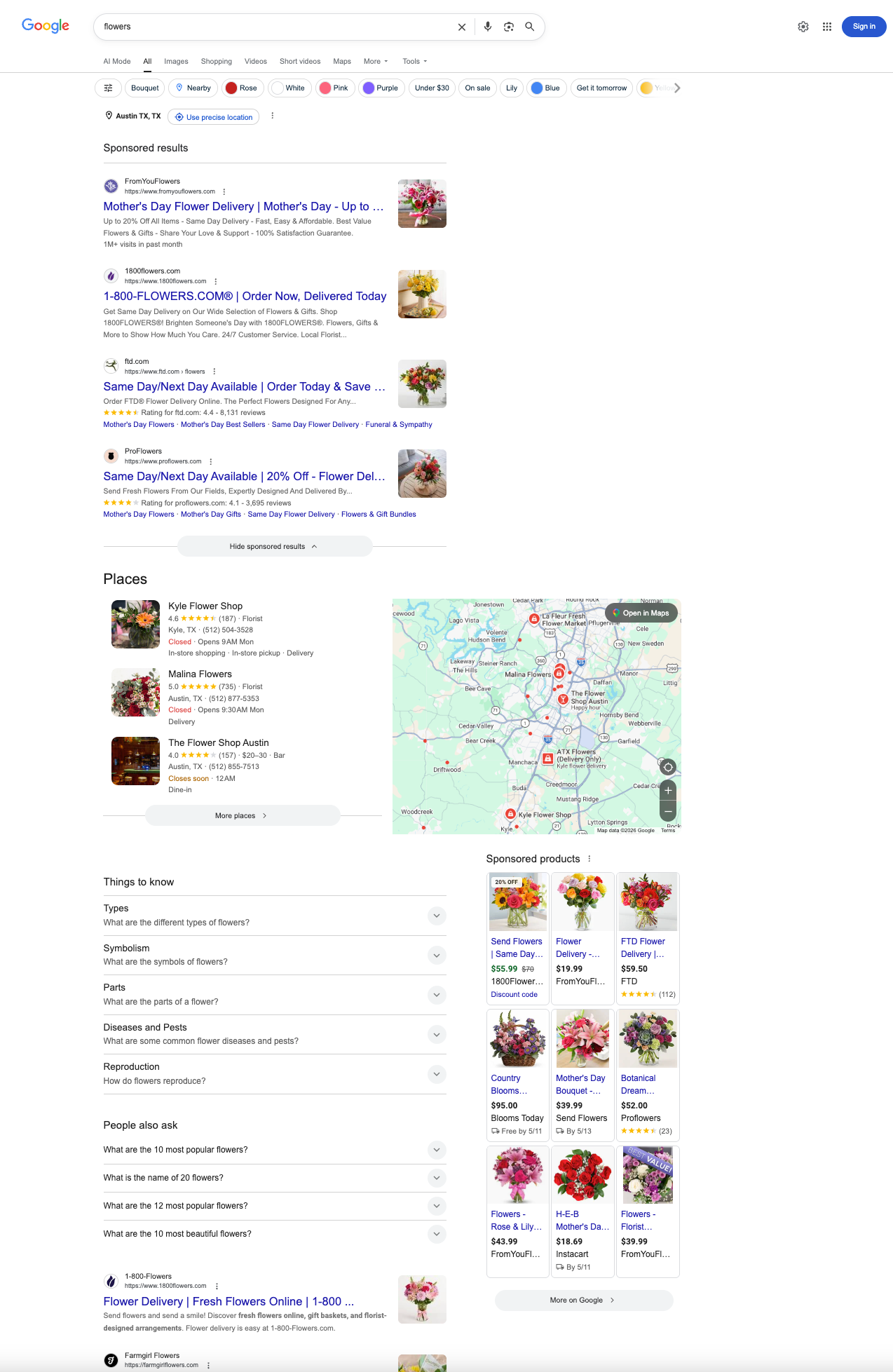 ```json
{
"alt": "Search results for flowers in Austin, TX, including florist locations and online delivery options.",
"caption": "Explore flower delivery and florist options in Austin, TX. Find the best bouquets and gifts for special occasions at local shops and online.",
"description": "A Google search page displaying results for 'flowers' in Austin, TX. It includes sponsored links for flower delivery services and a map highlighting local florists. The page shows several recommended product images with prices for various floral gifts, and a 'Things to know' section providing informational links about flowers. Keywords: flowers, Austin, delivery, local florists, online orders, bouquets, gifts."
}
```