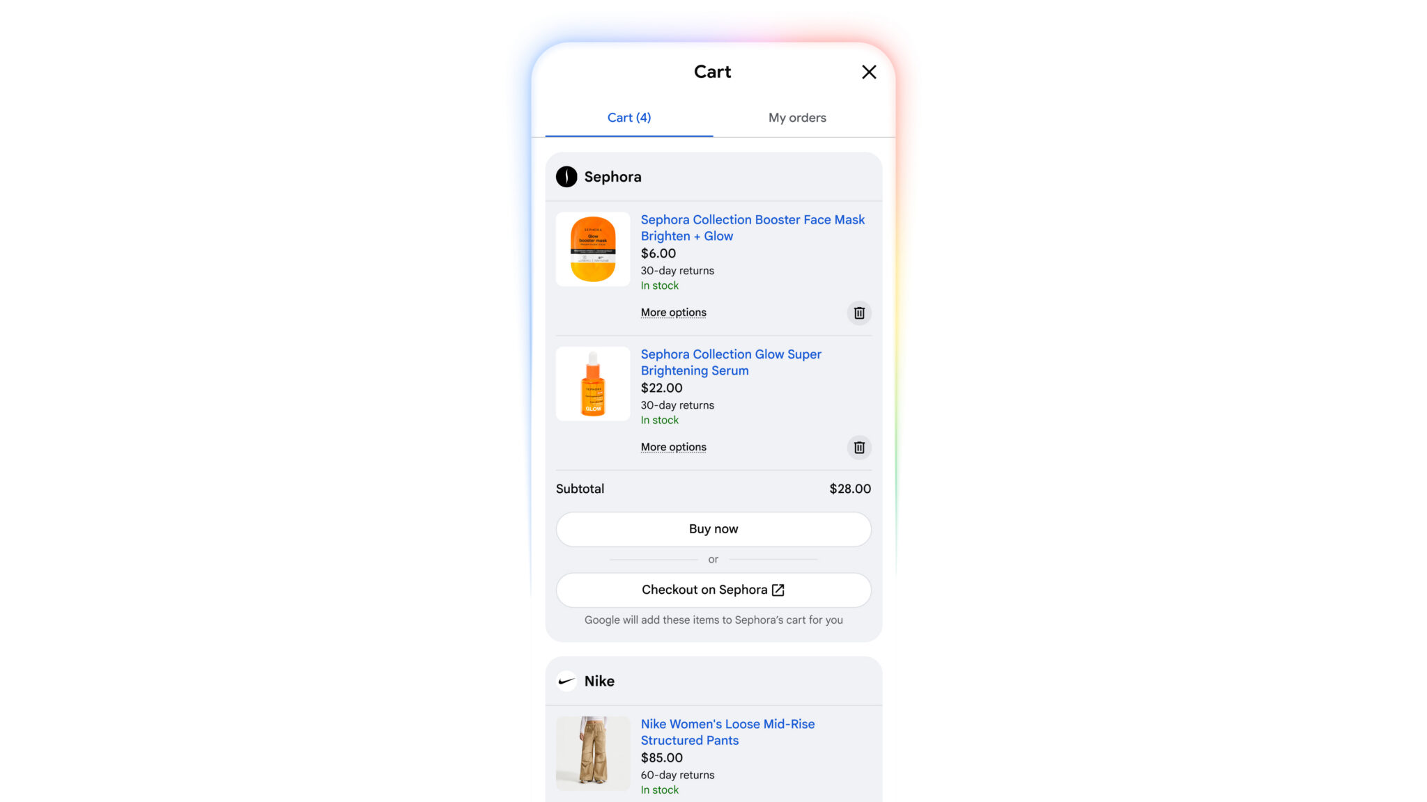 ```json
{
  "alt": "Shopping cart with Sephora face mask and serum listed for purchase.",
  "caption": "Enhance your beauty regimen with Sephora's brightening mask and serum, conveniently listed in your online shopping cart!",
  "description": "The image displays a mobile shopping cart interface featuring two Sephora beauty products: a Booster Face Mask for $6.00 and a Glow Super Brightening Serum for $22.00, both in stock with 30-day return options. The cart shows a subtotal of $28.00 with options for direct purchase or checkout through Sephora. Bright and clear layout perfect for online shoppers seeking skincare solutions."
}
```