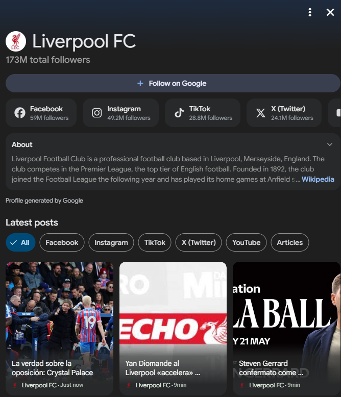 ```json
{
  "alt": "Liverpool FC social media profile overview with follower counts and recent posts.",
  "caption": "Discover Liverpool FC's expansive online presence with millions of followers across platforms and stay updated with the latest posts and news.",
  "description": "This image showcases the Liverpool FC social media profile, highlighting 173 million total followers. It features follower counts across platforms like Facebook, Instagram, TikTok, and Twitter, along with a brief description about the club. At the bottom, recent posts are displayed with options to filter by platform. Keywords: Liverpool FC, social media, followers, football club, recent posts."
}
```