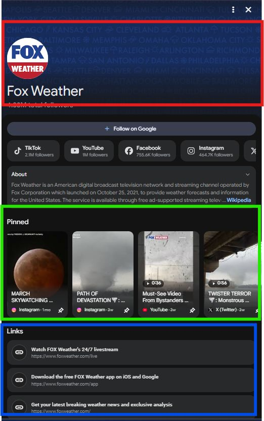 ```json
{
  "alt": "Fox Weather page with social media links, about section, pinned videos, and navigation links.",
  "caption": "Explore the dynamic Fox Weather page, featuring live updates, pinned videos, and easy access to their apps and social media platforms.",
  "description": "The Fox Weather page displays their logo and title prominently at the top. Below are quick-follow options for TikTok, YouTube, Facebook, and Instagram. An 'About' section provides details about their services, while a set of pinned videos showcase various weather events. Navigation links at the bottom offer access to their livestream, mobile app downloads, and news updates. This comprehensive setup ensures users stay connected with the latest weather information."
}
```