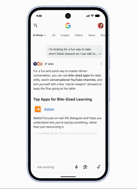 ```json
{
  "alt": "Smartphone displaying a search result for learning Italian lessons.",
  "caption": "Discover bite-sized apps like Babbel to enhance your Italian conversational skills quickly and efficiently.",
  "description": "An image shows a smartphone screen with a Google search result regarding learning Italian. The search suggests using bite-sized apps, highlighting Babbel for real-life dialogues and understanding. The screen also displays options for AI mode, images, videos, and news. This image demonstrates a practical approach to language learning with technology, emphasizing quick and engaging methods for learners."
}
```