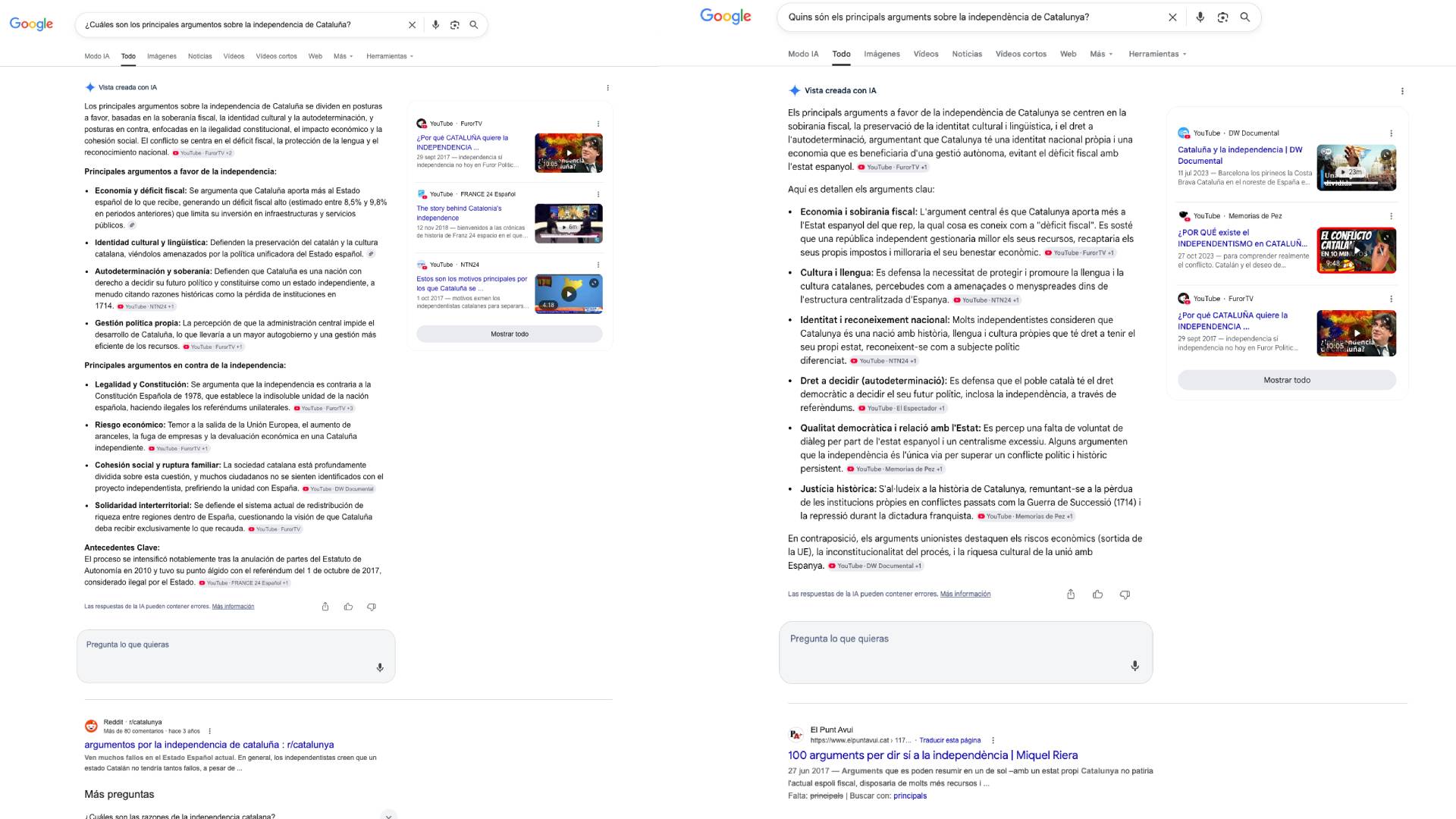```json
{
"alt": "Google search results comparing arguments for and against Catalonia's independence in Spanish and Catalan.",
"caption": "Exploring the heated debate on Catalonia’s independence, this image compares arguments in both Spanish and Catalan, highlighting economic, cultural, and political perspectives.",
"description": "This image captures a side-by-side comparison of Google search results detailing the main arguments for and against the independence of Catalonia, presented in Spanish on the left and Catalan on the right. Each side discusses key aspects like fiscal solvency, cultural identity, and political autonomy, contrasting them with concerns about legality, economic risks, and social cohesion. The search includes links to related YouTube videos and discussions, offering a comprehensive view of the independence debate."
}
```