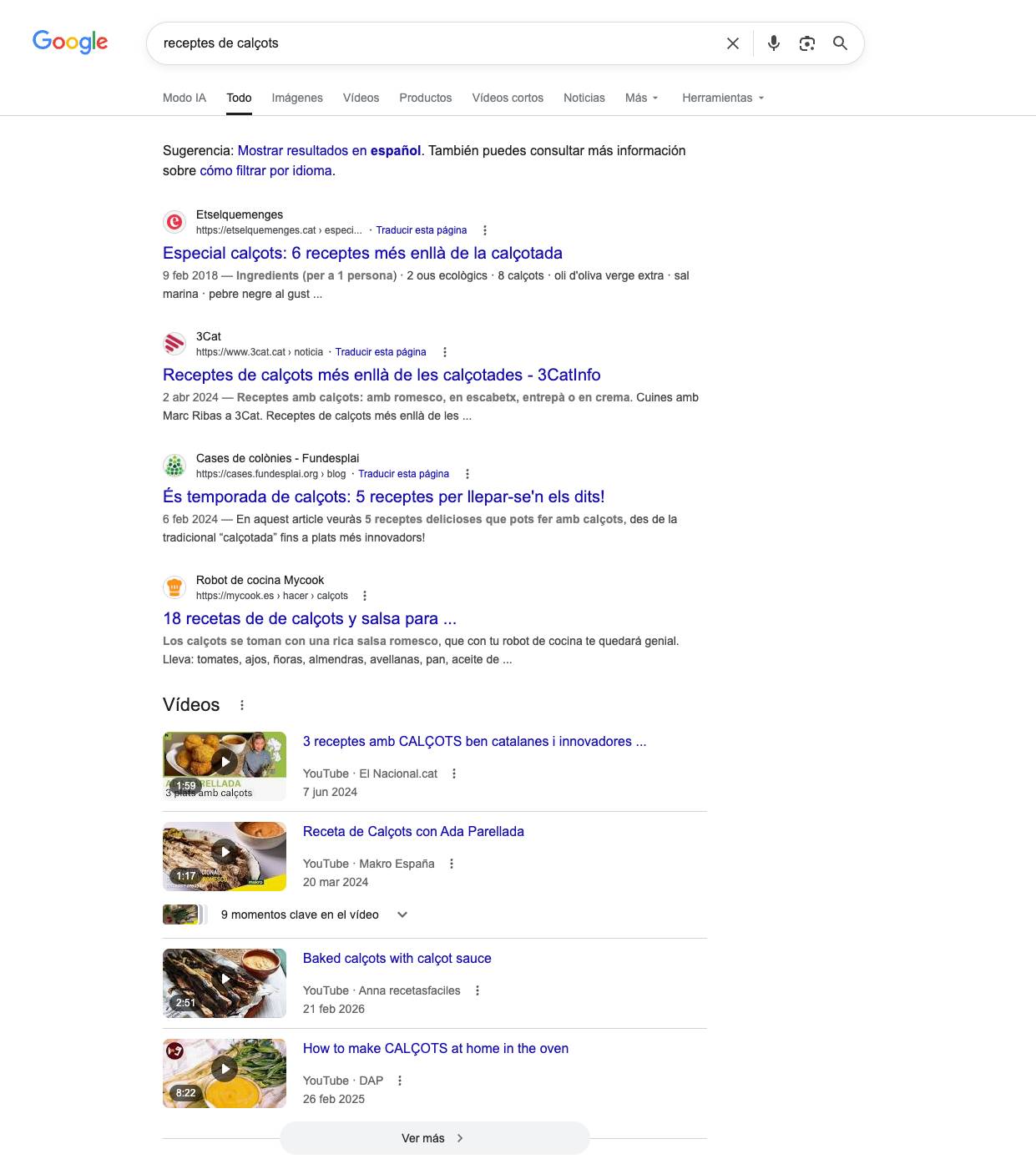 ```json
{
"alt": "Search results for recipes of calçots on Google, displaying webpages and YouTube videos.",
"caption": "Discover how to make delicious calçots with these search results featuring a variety of recipes and instructional videos.",
"description": "This image shows the Google search results page for 'recetas de calçots,' highlighting various online resources such as Estelquemenges, 3CatInfo, and Casces de colines. The results include both textual content and a section specifically for YouTube videos, offering recipes and cooking tips for preparing calçots, a popular Catalan dish. Keywords like 'calçots,' 'recipes,' and 'cooking' are relevant for discovering these culinary guides."
}
```