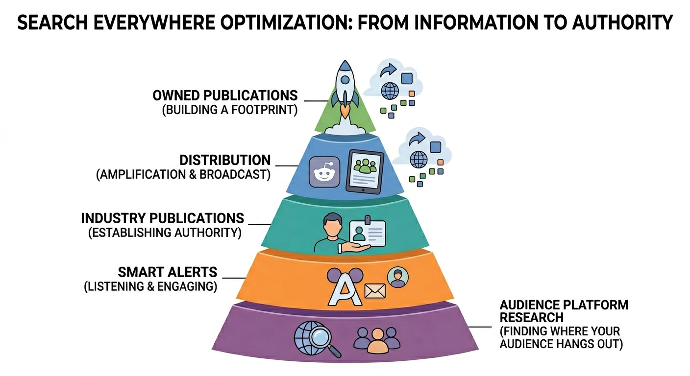```json
{
"alt": "Pyramid diagram illustrating search optimization from audience research to authority building.",
"caption": "Discover the power of search optimization with this pyramid, guiding from audience research to establishing authority.",
"description": "This image depicts a pyramid diagram titled 'Search Everywhere Optimization: From Information to Authority.' It outlines a strategic progression: Audience Platform Research for finding audiences, Smart Alerts for engagement, Industry Publications for authority, Distribution for amplification, and Owned Publications for footprint building. Each layer is visually represented with icons signifying respective stages. Ideal for understanding the steps involved in comprehensive search optimization strategies."
}
```
