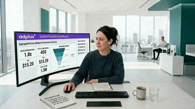 ```json
{
  "alt": "Woman in office using a large monitor displaying an analytics dashboard with performance metrics.",
  "caption": "In a sleek, modern office space, a woman engages with a dynamic analytics dashboard, tracking performance metrics on her wide display.",
  "description": "A woman in a contemporary office setting is focused on an ultra-wide monitor displaying a detailed performance analytics dashboard. The screen showcases key metrics such as ROAS, CPA, conversions, and reach, alongside a visual funnel diagram, under a 'Unified Portfolio Dashboard' by adplus. Her workspace includes a keyboard, notebook, and a coffee mug, suggesting a productive environment. This image embodies themes of data analysis, modern technology, and professional settings."
}
```