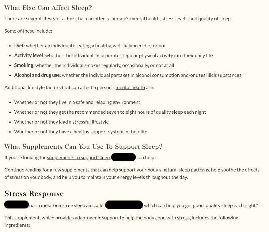 ```json
{
  "alt": "Text on lifestyle factors affecting sleep, like diet, activity, smoking, and stress management.",
  "caption": "Explore how lifestyle choices like diet and activity level can impact your sleep quality and mental health.",
  "description": "The image contains detailed information on lifestyle factors affecting sleep, such as diet, activity level, smoking, and alcohol or drug use. It suggests additional influences on mental health, including living environment and stress management. The text also covers supplements that support sleep, mentioning their potential benefits without detailing specific ingredients. Keywords: sleep quality, mental health, lifestyle factors, diet, activity level, supplements."
}
```