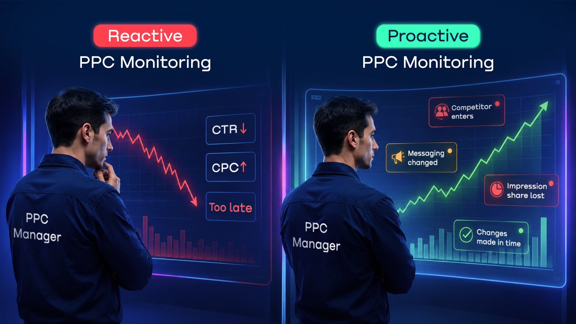 ```json
{
  "alt": "Split image showing reactive and proactive PPC monitoring. Left side shows declining metrics. Right side shows rising metrics with timely changes.",
  "caption": "Transform your PPC strategy from reactive to proactive. Witness the shift from declining to thriving metrics with timely interventions.",
  "description": "This image depicts a side-by-side comparison of reactive versus proactive PPC monitoring. On the left, a PPC manager observes decreasing metrics like CTR and CPC, labeled as 'too late'. On the right, proactive monitoring shows rising metrics with alerts such as 'competitor enters' and 'changes made in time', indicating positive growth. The scene uses vibrant graphics to illustrate the contrasting effects of different monitoring approaches. Keywords: PPC, monitoring, proactive, reactive, digital marketing."
}
```