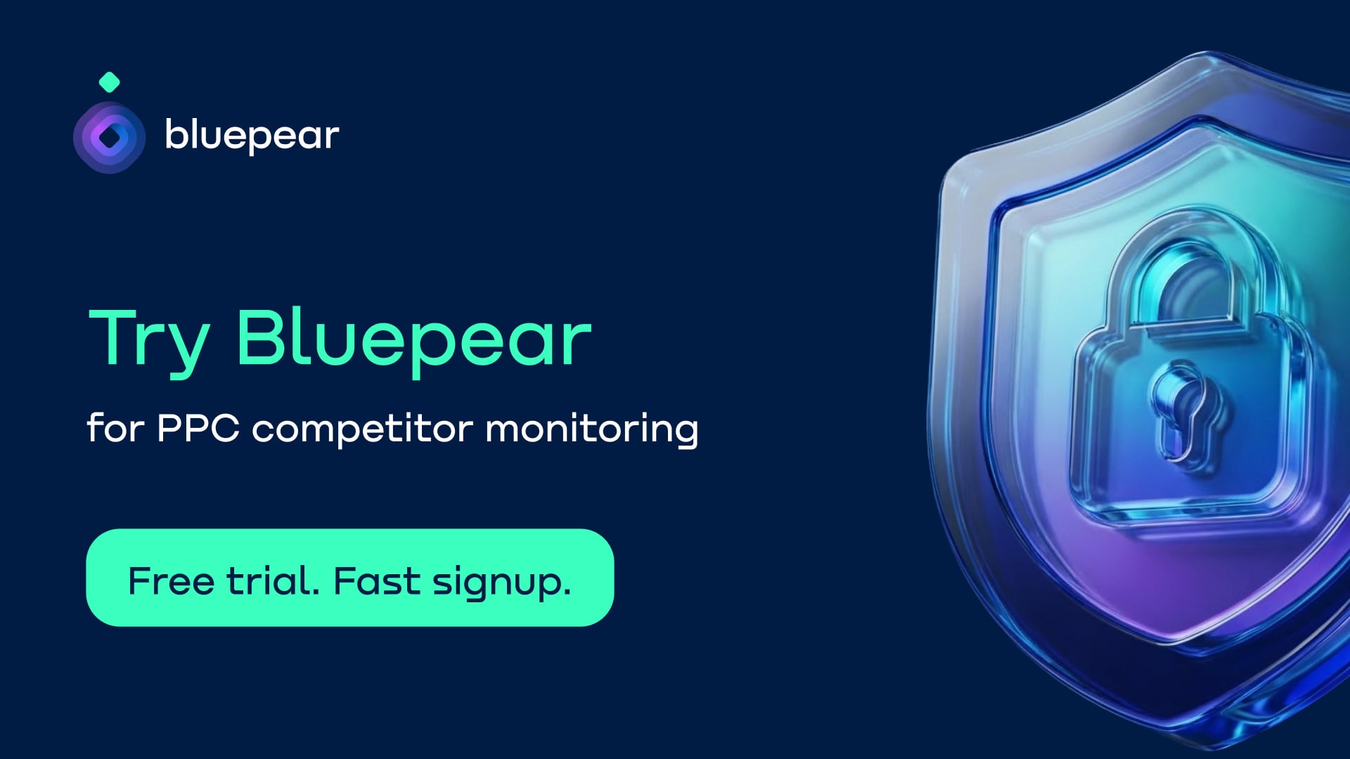 ```json
{
  "alt": "Bluepear advertisement for PPC competitor monitoring with shield and lock graphic.",
  "caption": "Unlock your potential with Bluepear! Monitor your PPC competitors with ease. Start your free trial now.",
  "description": "This image is a promotional graphic for Bluepear, featuring text promoting PPC competitor monitoring. The ad includes a shield with a lock symbol, emphasizing security and reliability. Vibrant colors and modern design enhance the message of swift and secure service, while the call to action offers a free trial for fast signup. Keywords: Bluepear, PPC, competitor monitoring, free trial, advertisement."
}
```