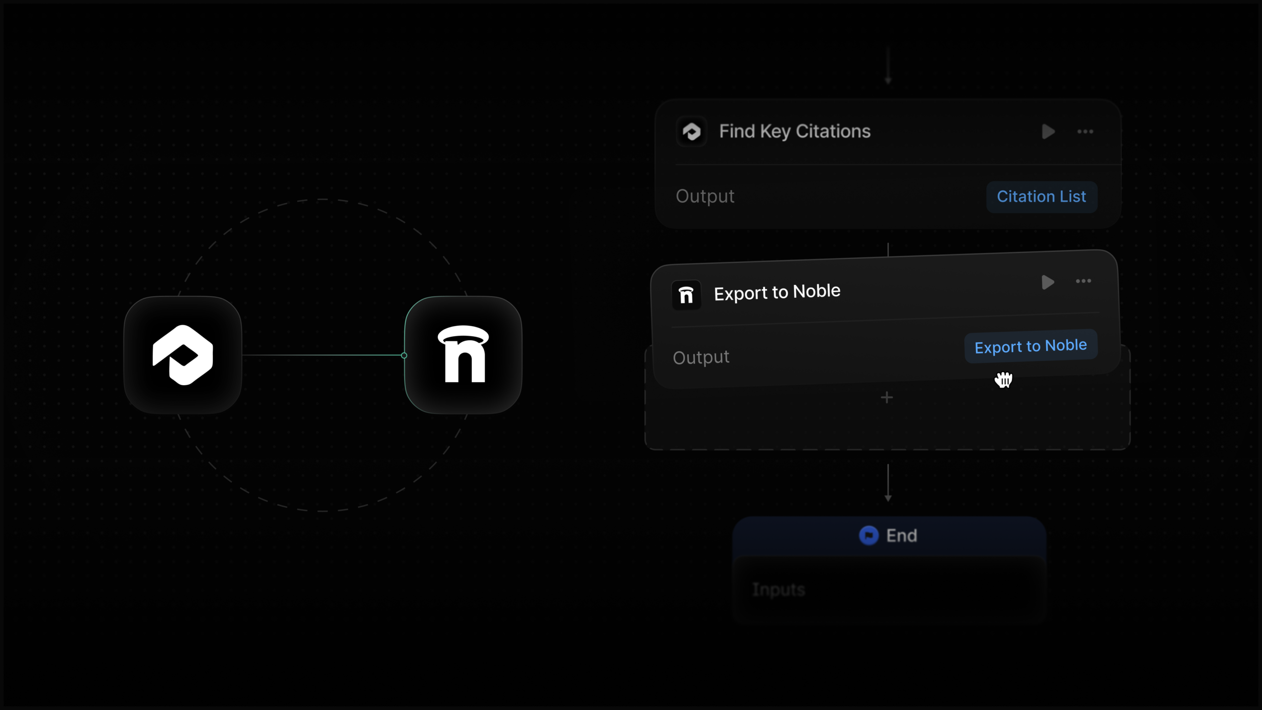 ```json
{
  "alt": "Workflow diagram showing data export options to Noble software.",
  "caption": "Streamline your workflow with options to export key citations directly to Noble, enhancing productivity and data management.",
  "description": "This image displays a workflow diagram in a digital interface, illustrating the process of finding key citations and exporting them to Noble software. Icons represent software functions, and arrows indicate the flow of data from finding citations to exporting them. The design is sleek with a dark theme, emphasizing clarity and ease of navigation. This setup is essential for users seeking efficient data handling and citation management solutions."
}
```