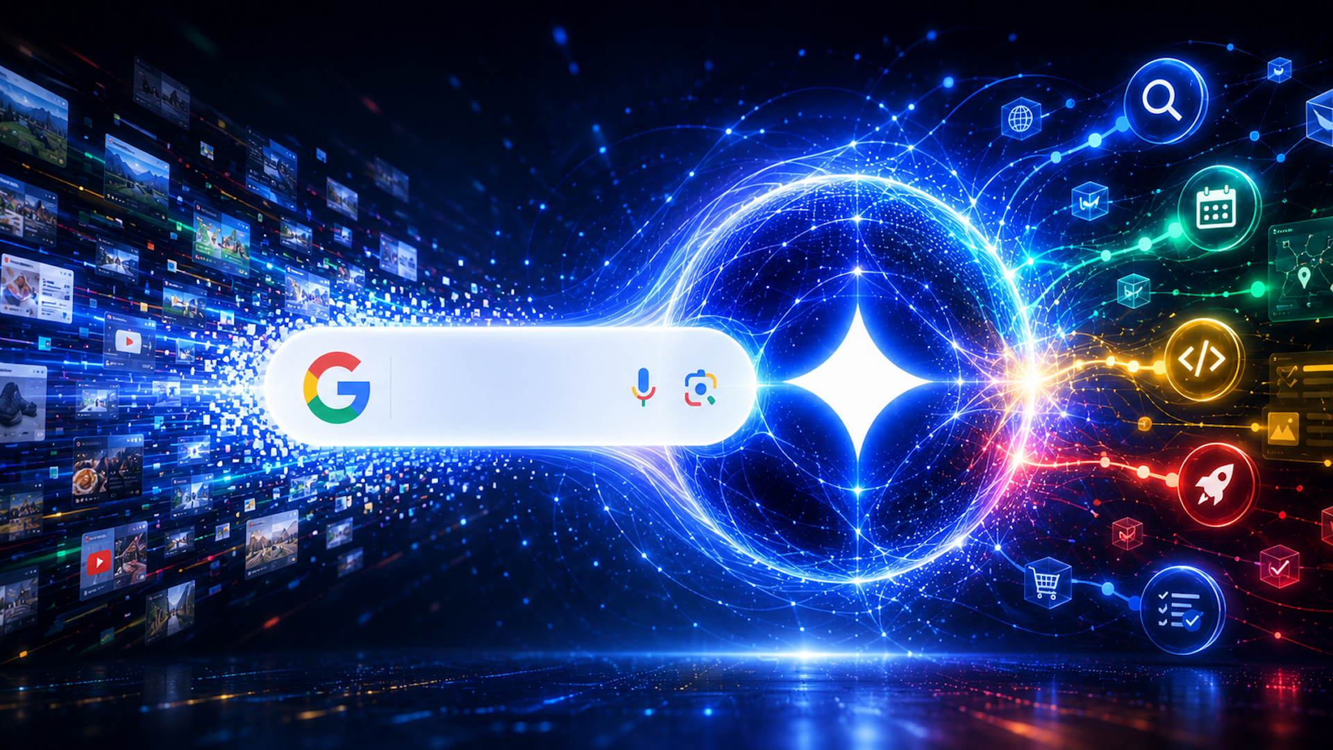 ```json
{
  "alt": "Google search bar with digital network effects and icons representing various internet functions.",
  "caption": "Dive into the digital network with Google, where endless possibilities await your search.",
  "description": "This image showcases a stylized Google search bar at the center, surrounded by vibrant digital effects and icons representing internet features like search, calendar, and coding. The left side shows a digital flow of thumbnails symbolizing vast online content, while the right side displays neon-colored icons, symbolizing diverse internet functionalities. Ideal for illustrating the expansive reach of Google's platform."
}
```