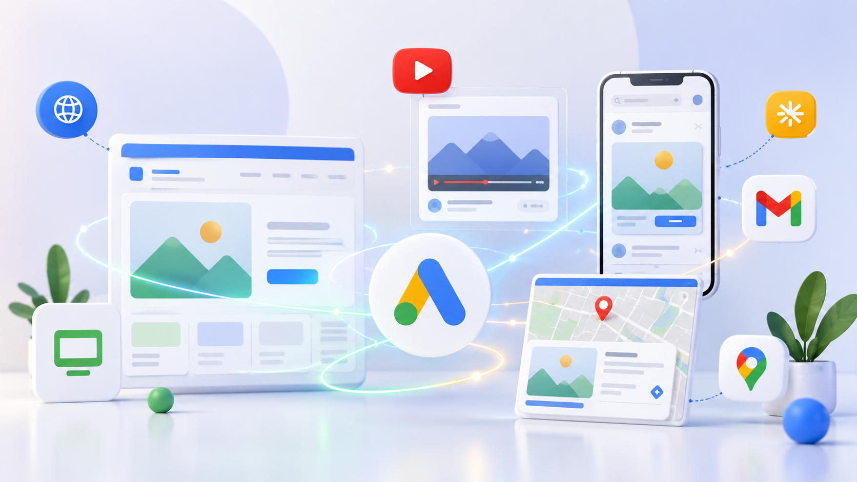 ```json
{
"alt": "Illustration of Google Ads ecosystem with icons for web, YouTube, and mobile applications.",
"caption": "Explore the dynamic Google Ads ecosystem with interconnected platforms like YouTube, Gmail, and Maps, all coming together to enhance your digital advertising reach.",
"description": "This image illustrates the Google Ads ecosystem, depicting how various platforms such as web browsers, YouTube, Gmail, and mobile applications are interconnected to support digital advertising strategies. The central Google Ads icon signifies the hub of this network, while design elements like a map pin and video player represent diverse ad formats. The arrangement showcases seamless integration across multiple devices and services, offering a cohesive approach to online marketing."
}
```