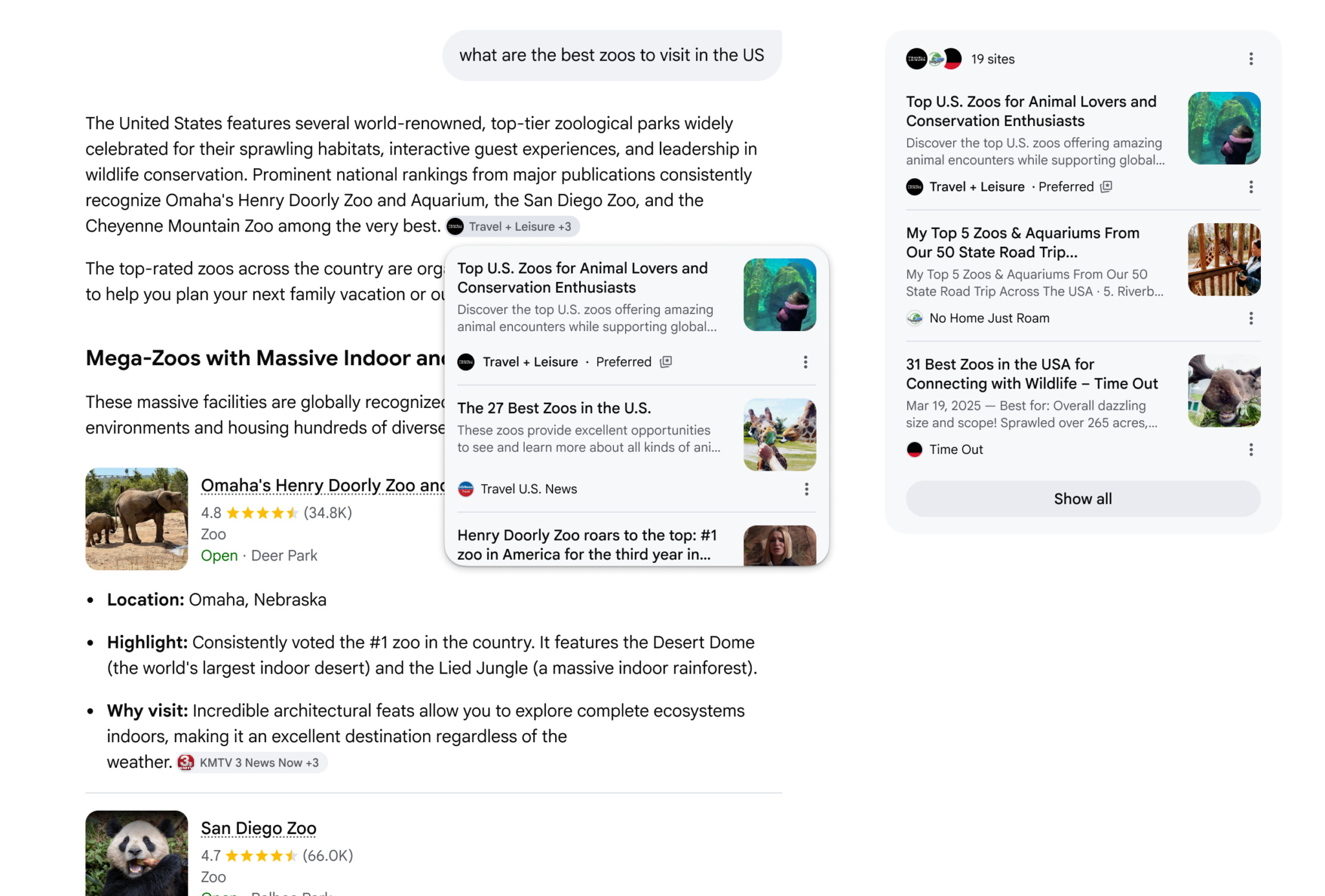 ```json
{
"alt": "Image showcasing search results for best zoos to visit in the US, including rankings for Omaha's Henry Doorly Zoo and San Diego Zoo.",
"caption": "Discover the top zoos in the US with this insightful guide featuring Omaha's Henry Doorly Zoo and San Diego Zoo, recognized for their outstanding animal exhibits and conservation efforts.",
"description": "This image captures a search query for the best zoos to visit in the US, highlighting Omaha's Henry Doorly Zoo, known for its Desert Dome and Lied Jungle, as well as San Diego Zoo. The results emphasize top-tier zoological parks celebrated for their sprawling habitats and interactive guest experiences. The entries are featured in articles from Travel & Leisure and Travel US News, underscoring these zoos' roles in wildlife conservation and educational opportunities."
}
```