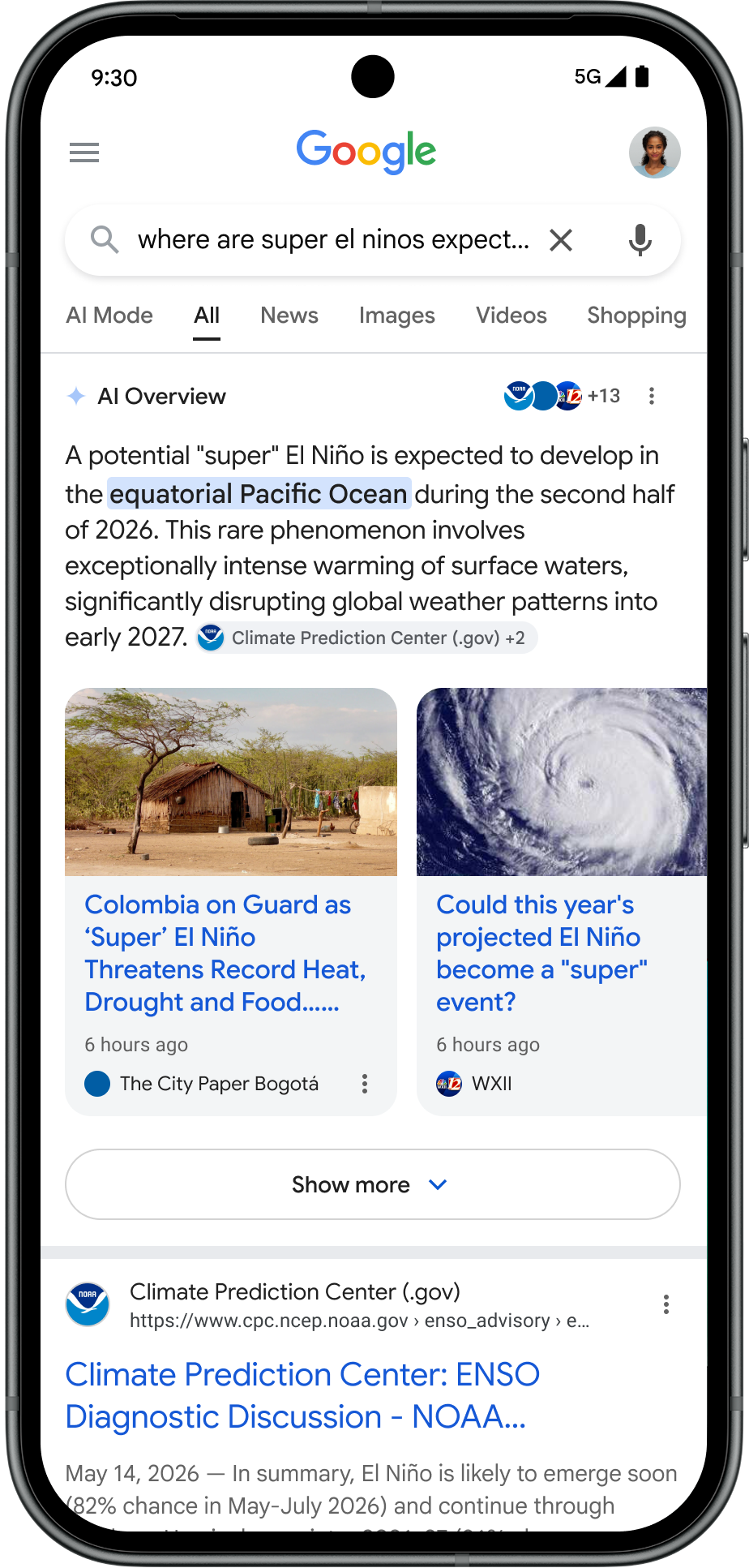 ```json
{
"alt": "Smartphone displaying Google search results for 'where are super El Niños expected'.",
"caption": "Exploring the impact of potential 'super' El Niño events via Google search, highlighting its global weather implications.",
"description": "This image shows a smartphone with a Google search interface for 'where are super El Niños expected', detailing the phenomenon's expected development in the equatorial Pacific Ocean by 2026. Articles from various sources discuss global impacts, like record heat and weather pattern disruptions. The search interface includes tabs and branded icons for news sources, enhancing searchability and information credibility."
}
```