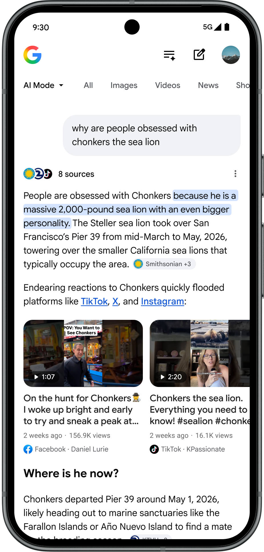 ```json
{
"alt": "Google search on a smartphone about Chonkers the sea lion, highlighting its popularity and size.",
"caption": "Why is everyone talking about Chonkers? This massive 2,000-pound sea lion captured the internet’s heart, dominating San Francisco's Pier 39.",
"description": "This image shows a smartphone screen displaying a Google search for 'Chonkers the sea lion,' exploring the public's fascination with this 2,000-pound creature. The text highlights how Chonkers gained fame from March to May 2026, attracting attention on social media platforms like TikTok, X, and Instagram. The search results feature videos and social media posts sharing insights and experiences with the famed sea lion. Keywords include sea lion, Chonkers, Pier 39, social media, and viral."
}
```