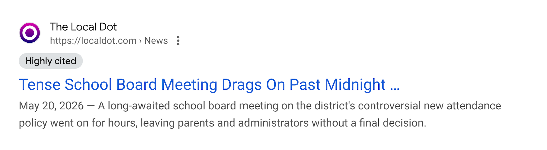 ```json
{
"alt": "News article titled 'Tense School Board Meeting Drags On Past Midnight' from The Local Dot.",
"caption": "A highly cited report by The Local Dot reveals a school board meeting extending into the night over a divisive attendance policy.",
"description": "This image shows an article from The Local Dot titled 'Tense School Board Meeting Drags On Past Midnight,' marked as highly cited. The meeting on May 20, 2026, concerning a controversial new attendance policy, continued into the early hours without reaching a decision, illustrating community tension and administrative challenges. Keywords: school board meeting, attendance policy, The Local Dot."
}
```
