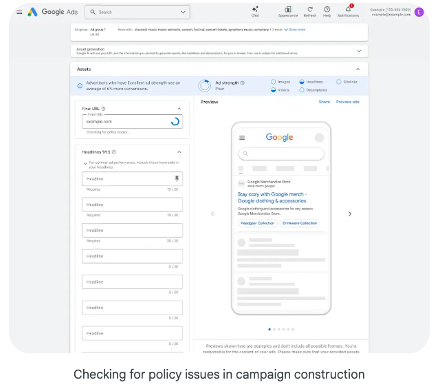 ```json
{
"alt": "Google Ads campaign setup screen displaying ad preview and settings.",
"caption": "Exploring the intricacies of Google Ads, this interface showcases a preview of an ad and various setup options to optimize your marketing campaign.",
"description": "The image depicts a Google Ads interface where users can set up and preview their ad campaigns. It features options for entering final URLs, headlines, and ad strength indicators. The central panel provides a mobile view preview of the ad for 'Google Merchandise Store,' focused on clothing and accessories. This helps advertisers tweak and ensure compliance, aiming for optimal ad performance."
}
```
