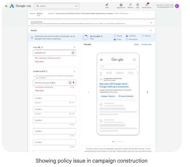 ```json
{
"alt": "Google Ads interface displaying a policy issue in ad campaign construction with a red error notification.",
"caption": "Creating a Google Ads campaign? Watch out for policy issues! This interface showcases a potential error to resolve for improved ad performance.",
"description": "This image displays the Google Ads interface, highlighting an error in the ad campaign creation process. It shows a red alert indicating a policy issue with the final URL and headline entry. The panel provides sections for asset creation and preview, with the ad strength marked as 'Poor.' The interface helps advertisers optimize their campaigns by addressing errors and improving ad strength, crucial for successful ad management and performance."
}
```