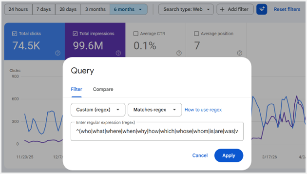 ```json
{
  "alt": "Google Search Console screenshot showing a regex query with total clicks and impressions over six months.",
  "caption": "Exploring search trends with a regex query, this Google Search Console snapshot reveals 74.5K clicks and 99.6M impressions over six vibrant months.",
  "description": "This image is a screenshot of Google Search Console, displaying search performance metrics over a six-month period. It highlights 74.5K total clicks and 99.6M total impressions. A query filter using a regex pattern is shown, allowing for detailed data extraction based on specific search queries. This tool is essential for SEO professionals looking to analyze search traffic and improve website performance."
}
```