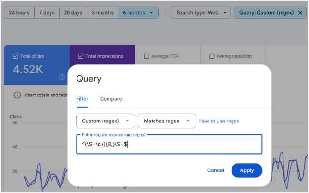 ```json
{
  "alt": "Screenshot of a web performance analytics tool showing filters and regex query.",
  "caption": "Exploring web analytics with custom regex filters for tailored insights.",
  "description": "The image shows a screenshot of a web performance analytics tool interface, displaying metrics such as total clicks and impressions over six months. A pop-up window demonstrates a custom regex filter for queries, with options for applying specific search criteria. The trend of clicks is illustrated on a line graph below, providing visual data interpretation. Keywords: web analytics, regex filter, data analysis."
}
```