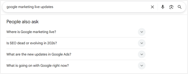 ```json
{
  "alt": "Google search results for 'google marketing live updates' with People Also Ask section.",
  "caption": "Curious about Google's latest? Discover insights in the 'People Also Ask' section, answering trending questions on marketing live updates.",
  "description": "A screenshot of Google search results for 'google marketing live updates' showing the 'People Also Ask' section. The queries listed include questions about Google Marketing Live events, SEO evolution, updates in Google Ads, and current happenings with Google. This image highlights user engagement elements in search results, crucial for understanding trending topics in digital marketing."
}
```