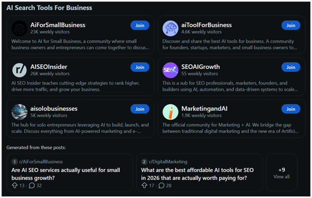 ```json
{
  "alt": "Screenshot of AI search tools for business communities, showing six groups with names and visitor stats.",
  "caption": "Explore top AI search tools for business, featuring online communities helping to boost small business growth.",
  "description": "This image displays a list of AI search tool communities for business. Each community includes weekly visitor statistics, names like AiForSmallBusiness and MarketingandAI, and options to join. The communities focus on using AI for marketing, SEO, and business growth strategies. The screenshot also shows related posts discussing the utility of AI tools for SEO and business, providing insights into current trends and discussions within these communities."
}
```