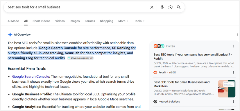 ```json
{
  "alt": "Screenshot of search results for best SEO tools for small business, highlighting Google Search Console, SE Ranking, Semrush, and Screaming Frog.",
  "caption": "Discover the top SEO tools for small businesses, featuring Google Search Console and other essential options for effective site management.",
  "description": "This image shows a search engine results page (SERP) for 'best SEO tools for a small business'. The highlighted text mentions Google Search Console, SE Ranking, Semrush, and Screaming Frog as top choices for site performance, tracking, competitor insights, and technical audits. The search results include links to resources like Reddit and Network Solutions, providing insights on SEO tools suitable for small business needs. Keywords: SEO tools, small business, Google Search Console, SE Ranking, Semrush, Screaming Frog."
}
```