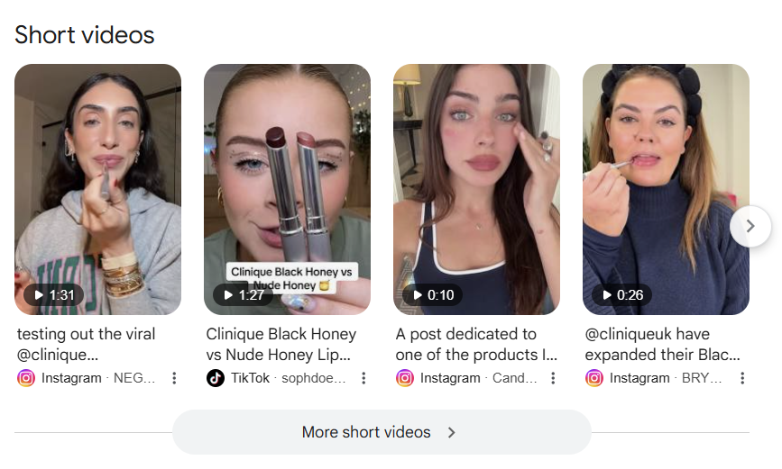 ```json
{
  "alt": "Four thumbnails of short makeup tutorial videos, each showing a different woman applying Clinique products.",
  "caption": "Explore the latest Clinique makeup trends with short tutorials showcasing different products and application techniques. Perfect for beauty enthusiasts!",
  "description": "This image displays four thumbnails of short videos, each featuring a makeup tutorial. The videos highlight different women using Clinique cosmetics, such as lipsticks and skincare products, with varying durations between 10 to 91 seconds. These tutorials are sourced from popular social media platforms like Instagram and TikTok. The image provides a glimpse into contemporary makeup practices and the use of specific products for achieving different looks. Keywords: Clinique, makeup tutorial, short videos, beauty, cosmetics, Instagram, TikTok."
}
```