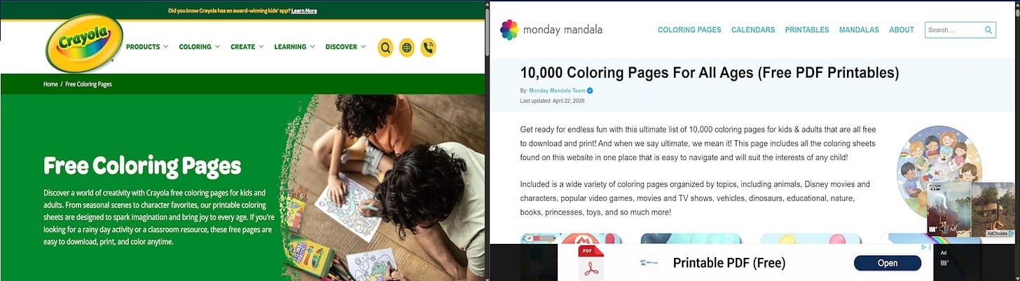 ```json
{
  "alt": "Website layouts for Crayola and Monday Mandala offering free coloring pages.",
  "caption": "Explore free coloring pages for all ages on Crayola and Monday Mandala, fueling creativity and providing hours of artistic fun.",
  "description": "The image displays two website layouts. On the left, Crayola promotes its free coloring pages for children and adults, featuring a call to action to download, print, and color at any time. The vibrant design includes a glimpse of a child coloring. On the right, Monday Mandala highlights its collection of 10,000 free downloadable coloring pages with diverse themes including animals, TV shows, and more. Both sites emphasize creativity and accessibility, aiming to entertain and inspire artistic expression. Keywords: free coloring pages, Crayola, Monday Mandala, creativity, art."
}
```