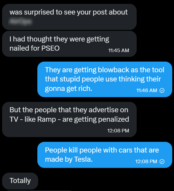 ```json
{
  "alt": "Screenshot of a conversation discussing blowback on a tool and Tesla cars, mentioning TV advertisements.",
  "caption": "Engaging discussion unfolds about media blowback on a financial tool and the controversial analogy with Tesla vehicles.",
  "description": "This image is a screenshot of a text conversation featuring four messages. The discussion revolves around the backlash against a financial tool perceived as a way for individuals to get rich quickly. The conversation also mentions advertising penalties on TV for brands like Ramp and makes an analogy involving Tesla cars. Time stamps are included, showing different times for each message. Keywords: conversation, backlash, financial tool, advertising, Tesla."
}
```