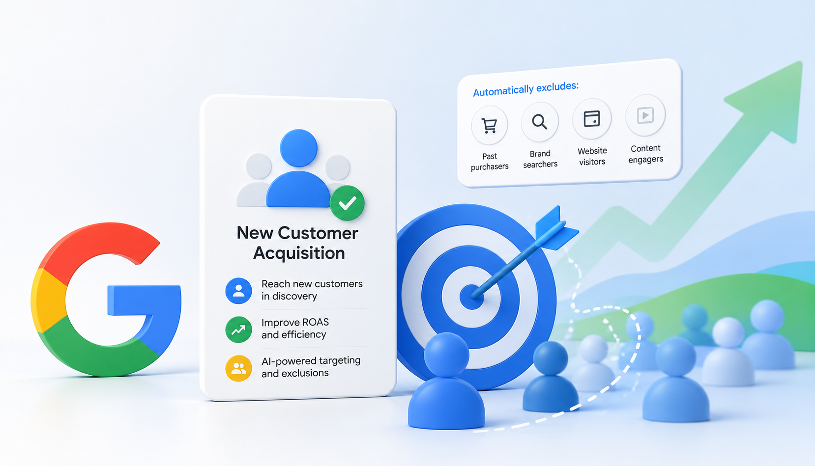 ```json
{
  "alt": "Illustration of Google's New Customer Acquisition features with icons and a target symbol.",
  "caption": "Exploring Google's new tools for efficient customer acquisition, focusing on AI-powered targeting and smarter resource allocation.",
  "description": "This image showcases Google's New Customer Acquisition features, emphasizing strategies to reach new customers, improve ROAS, and utilize AI-powered targeting and exclusions. It includes colorful icons representing different customer segments and a target symbol, signifying precise marketing strategies. The setup highlights new and efficient methods for expanding customer bases using Google's innovative tools."
}
```