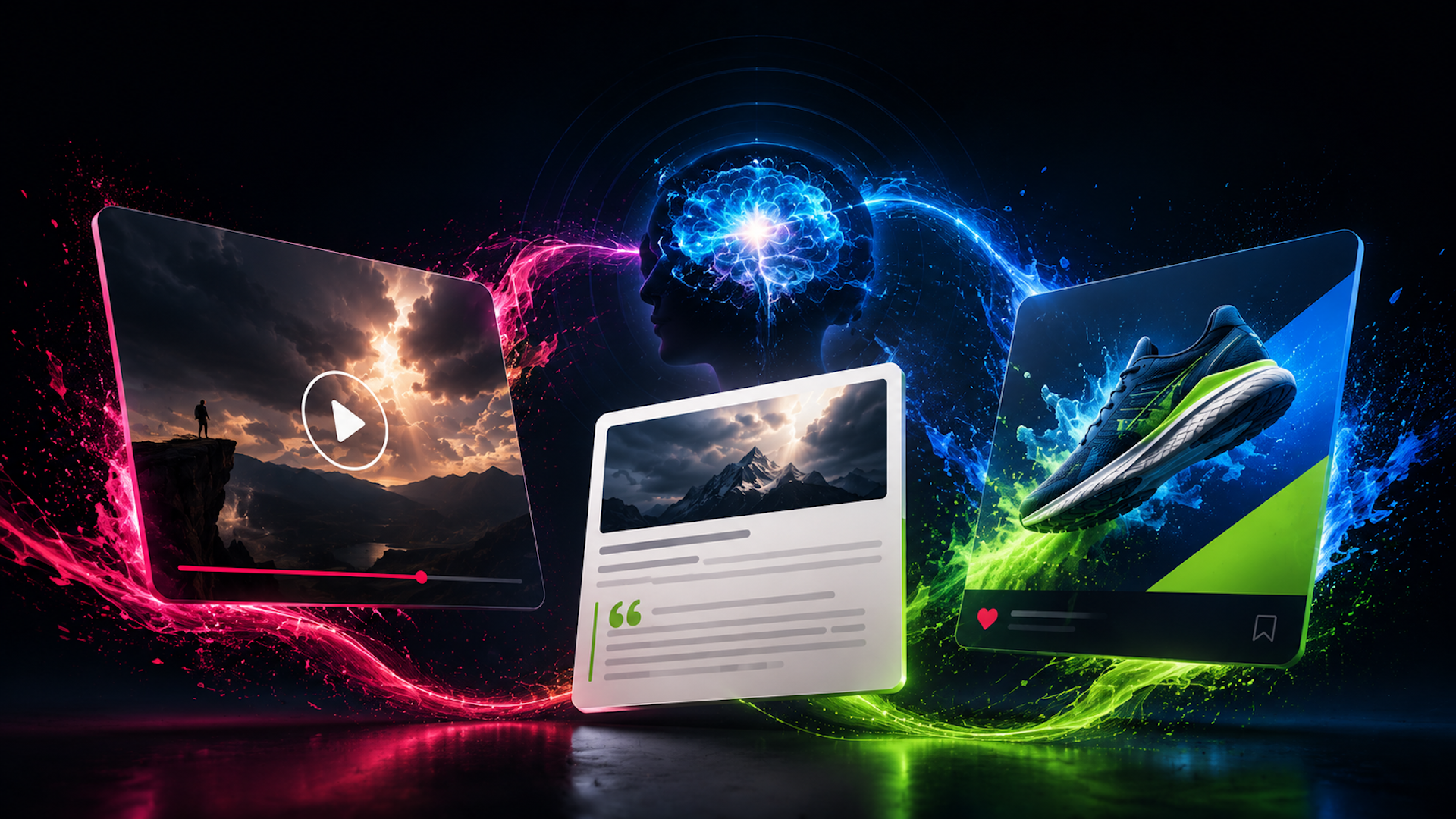 ```json
{
"alt": "Digital art depicting neural connections with multimedia elements like video, text, and a sneaker.",
"caption": "Explore the fusion of creativity and technology with this vibrant digital representation of neural links and multimedia content.",
"description": "This digital artwork illustrates a brain with neural connections, set against a dark background. Vivid streams of energy connect a silhouetted figure on a cliff viewed through a video screen, a sneaker with dynamic colors, and a digital text panel featuring a mountain image. The composition highlights the intersection of technology, art, and human cognition, making it an ideal fit for themes around innovation, multimedia, and digital interaction."
}
```