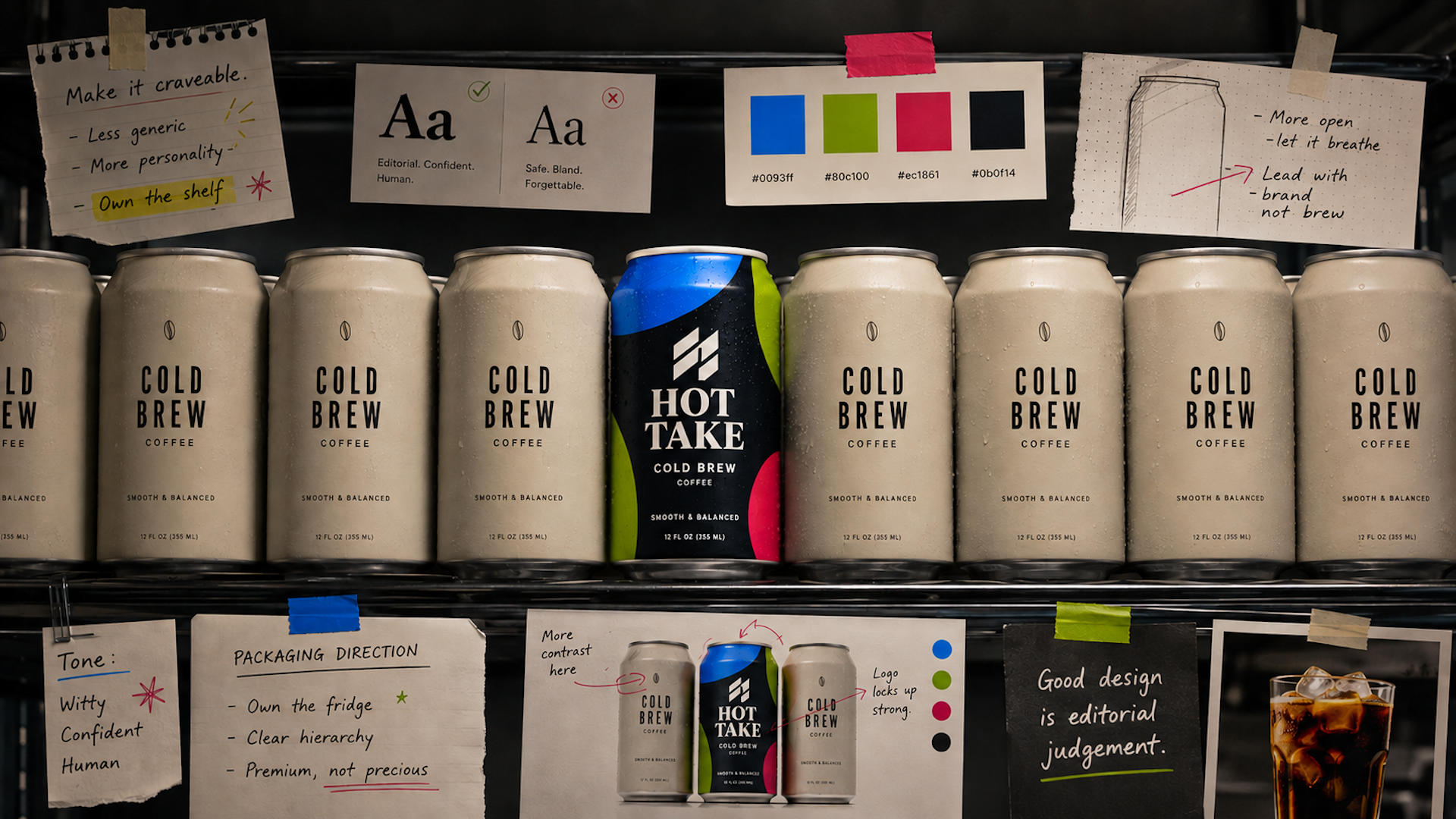 ```json
{
  "alt": "Shelves containing Cold Brew Coffee cans and a colorful Hot Take can with design notes.",
  "caption": "Amidst an array of Cold Brew Coffee cans, a vibrant Hot Take can stands out, surrounded by design notes detailing branding strategies.",
  "description": "The image displays a row of Cold Brew Coffee cans on a shelf with a single colorful Hot Take can prominently in the center. Accompanying the cans are various design notes and instructions taped above and below, discussing branding elements such as color swatches, font choice, and packaging hierarchy. The Hot Take can, with its bright colors, contrasts sharply against the minimalist Cold Brew cans. Keywords: cold brew, coffee, branding, packaging, design."
}
```