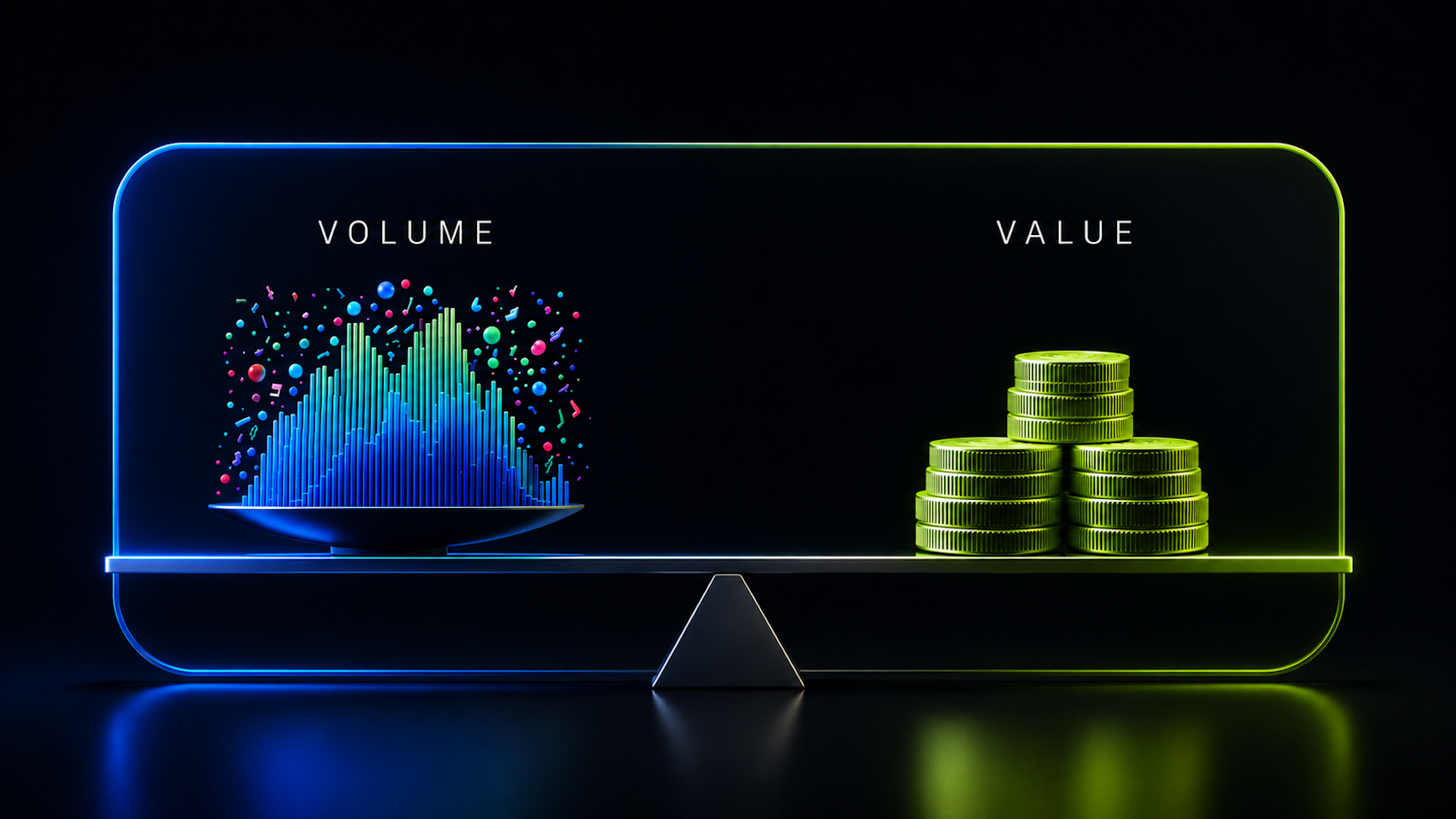 ```json
{
  "alt": "Graphic showcasing a balance with a colorful volume graph on the left and stacked coins representing value on the right.",
  "caption": "Exploring the balance between volume and value: a creative digital illustration revealing the dynamics of data and currency.",
  "description": "This digital illustration depicts a balance scale with two contrasting elements: a vibrant volume graph on the left, dotted with music notes and colorful spheres, and neatly stacked coins on the right, symbolizing value. Set against a dark background, the image captures the intricate relationship between data quantity and financial worth, making it ideal for discussions on market trends or economic analysis. Keywords include volume, value, balance, data visualization, and finance."
}
```