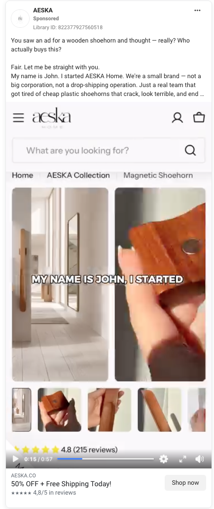```json
{
  "alt": "Social media ad from AESKA featuring a wooden shoehorn and marketing text.",
  "caption": "Discover the art of simplicity with AESKA's wooden shoehorn, crafted to perfection. Join John on his journey of turning practicality into elegance.",
  "description": "This image is an online advertisement by AESKA showcasing a beautifully designed wooden shoehorn. The ad features a personal message from John, the founder of AESKA, who emphasizes the brand’s commitment to quality and design. The image includes a preview of the AESKA website and highlights their 4.8 out of 5 review score. This campaign focuses on their non-corporate ethos and features promos like 50% off and free shipping. Keywords: AESKA, wooden shoehorn, quality craftsmanship, online shopping."
}
```
