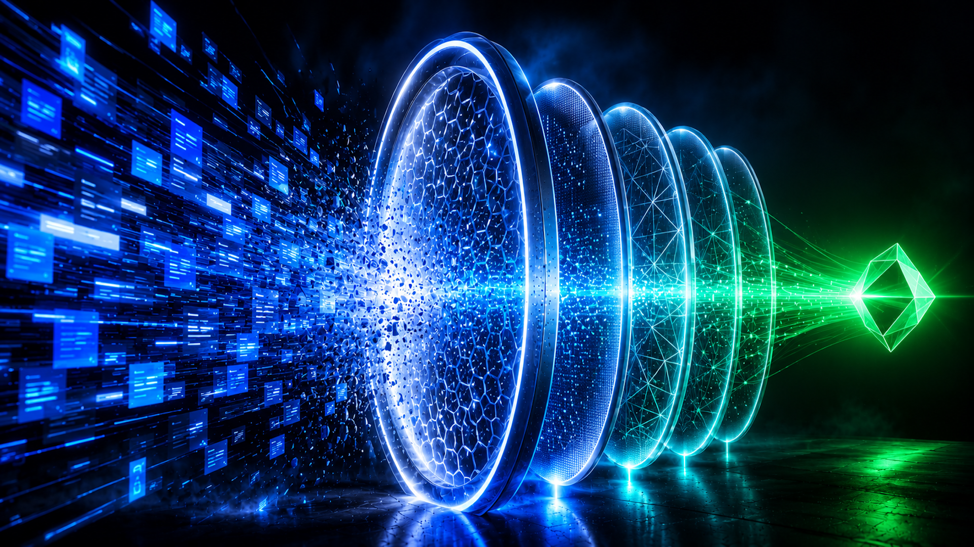 ```json
{
  "alt": "Futuristic digital vortex transforming blue data into a green gem shape.",
  "caption": "Witness the digital transformation as streams of data flow through a series of illuminated circular grids, culminating in an exquisite green gem.",
  "description": "A captivating illustration showing the concept of digital transformation. Streams of blue data travel through interconnected circular grids in a futuristic vortex, eventually consolidating into a green gemstone shape. The image conveys themes of technology, data processing, and innovation, with a vibrant contrast between the blue and green hues. Keywords: digital vortex, data processing, technological innovation, digital transformation."
}
```