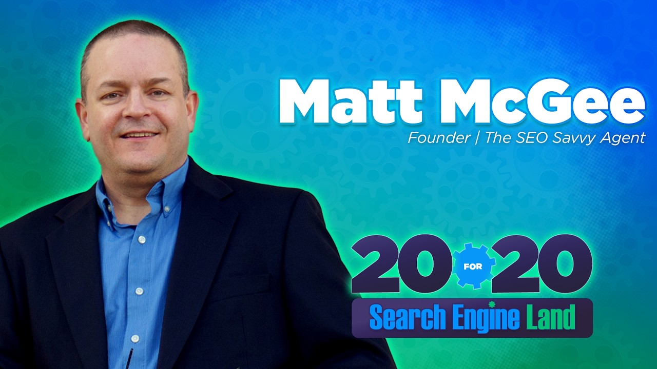 ```json
{
"alt": "Man in suit with text: Matt McGee, Founder, The SEO Savvy Agent. 20 for 20, Search Engine Land.",
"caption": "Matt McGee, known as The SEO Savvy Agent, featured in '20 for 20' by Search Engine Land, highlighting industry innovators.",
"description": "The image features a man in a dark suit and light blue shirt against a gradient background. Text beside him reads 'Matt McGee, Founder, The SEO Savvy Agent.' Below, the logo for '20 for 20 Search Engine Land' is displayed, indicating recognition in the field of SEO. The background includes subtle gear graphics, emphasizing technical expertise."
}
```