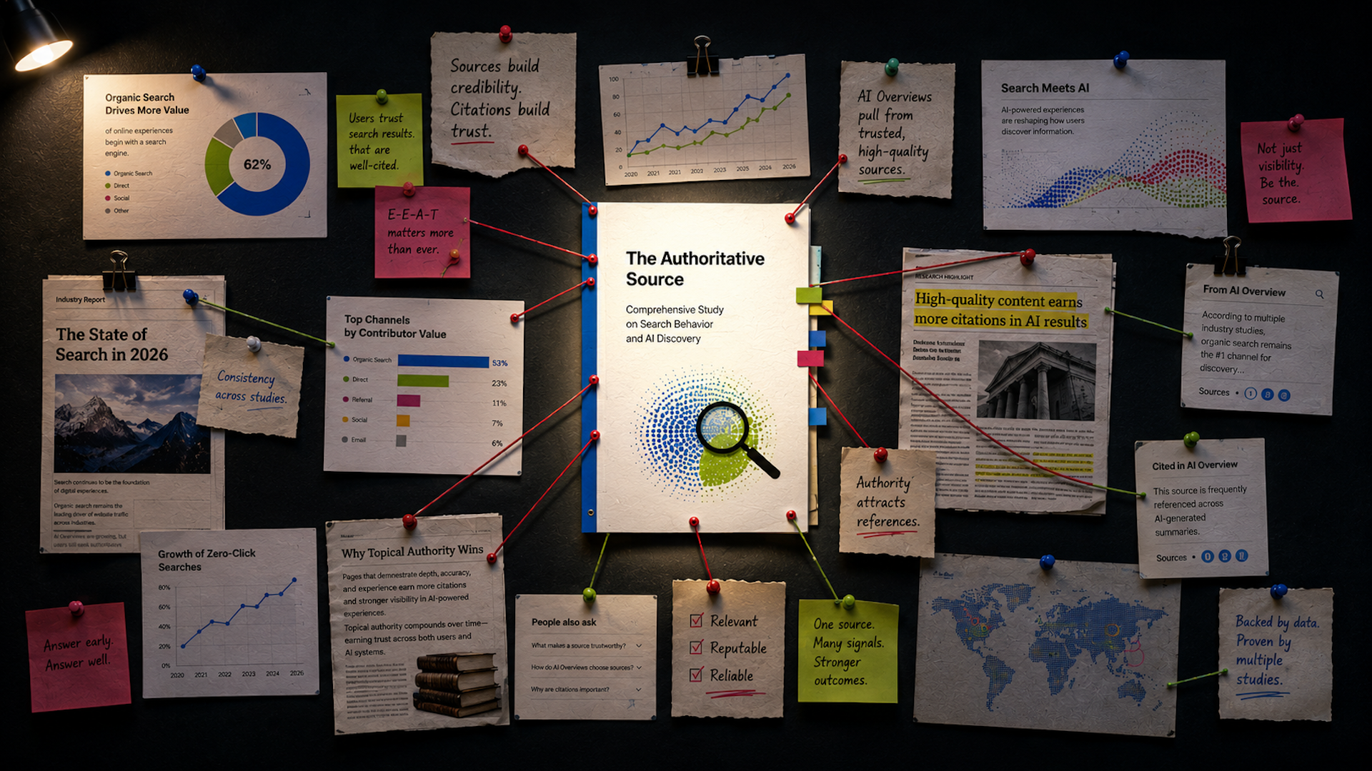 ```json
{
  "alt": "A bulletin board with various pinned papers and charts about search behavior and AI discovery.",
  "caption": "An insightful look into the future of search behavior and AI discovery, illustrating data-driven strategies and the significance of authoritative sources.",
  "description": "A dark-themed bulletin board displays a collection of papers, charts, and notes emphasizing the importance of authoritative sources in search behavior. Key elements include pie and bar charts on 'Organic Search', maps, and insights about AI's role in search. Illuminated by a spotlight, it highlights strategic information on search trends, study consistency, and content credibility. Keywords: search behavior, AI discovery, authoritative sources, data-driven strategies."
}
```