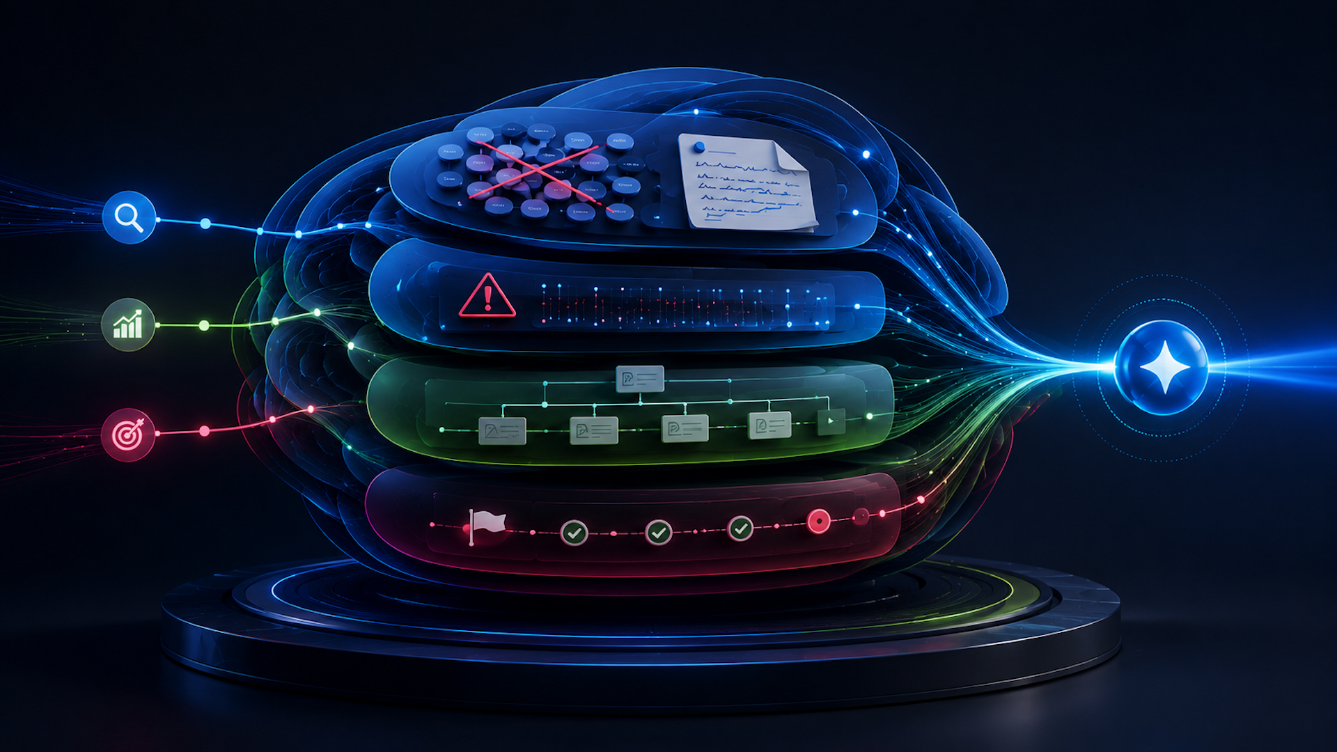 ```json
{
  "alt": "Futuristic representation of a digital data hub with colorful icons and a glowing sphere.",
  "caption": "Dive into the future of digital data management with this vibrant hub of interconnected icons and a glowing sphere symbolizing innovation.",
  "description": "This image showcases a futuristic digital data hub with layered structures featuring various colorful icons, including a magnifying glass, chart, target, and alert symbol. The layers seem to be interconnected through luminous streams of data, converging at a glowing star-shaped sphere on the right. The entire setup rests on a sleek circular platform, capturing a sense of advanced technology and digital innovation. Keywords: digital data, futuristic, innovation, technology, data hub."
}
```