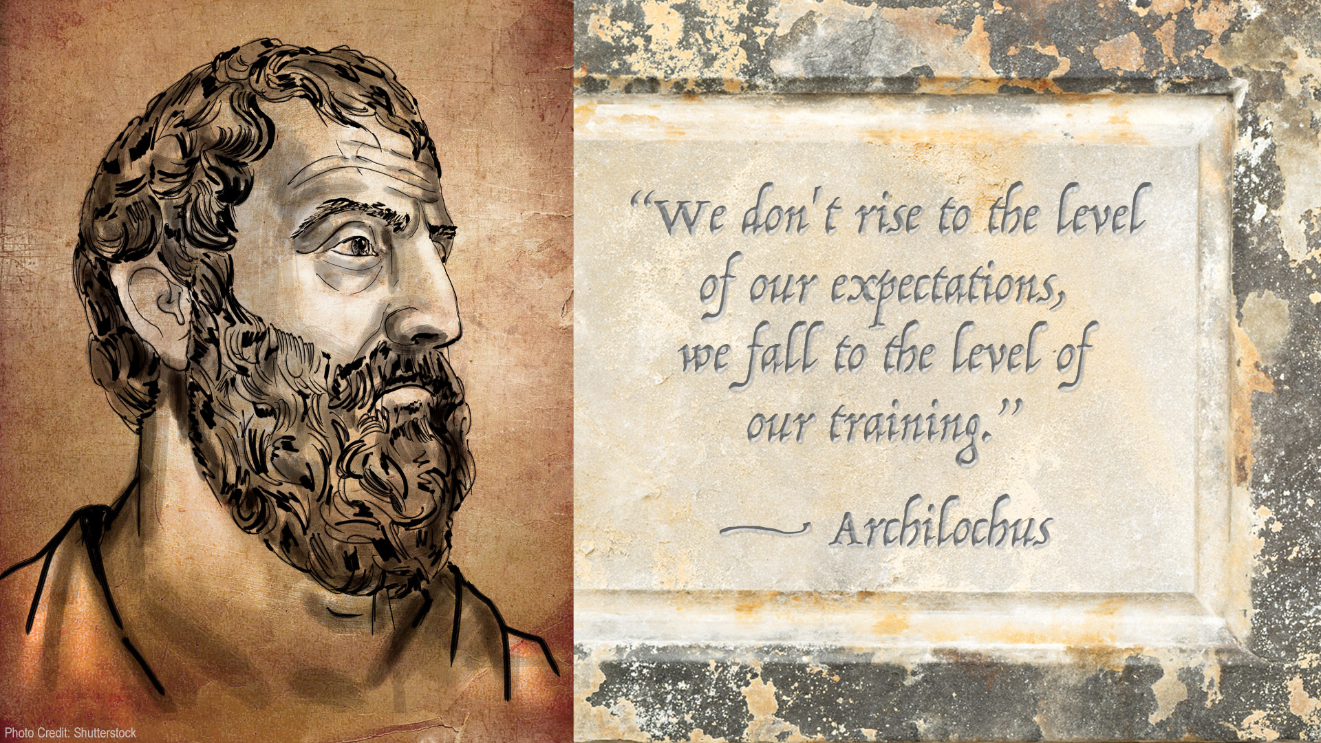 ```json
{
"alt": "Illustration of ancient philosopher and quote about training by Archilochus on stone.",
"caption": "An inspiring reminder from Archilochus: true success depends on the level of our training, not just our expectations.",
"description": "This image features an illustrated portrait of an ancient philosopher with a thoughtful expression on the left. On the right, a stone slab bears the quote, 'We don't rise to the level of our expectations, we fall to the level of our training.' The quote highlights the importance of preparation and practice. The background has a textured, aged appearance, adding to the historical and philosophical feel. Keywords: philosophy, motivation, training, preparation."
}
```