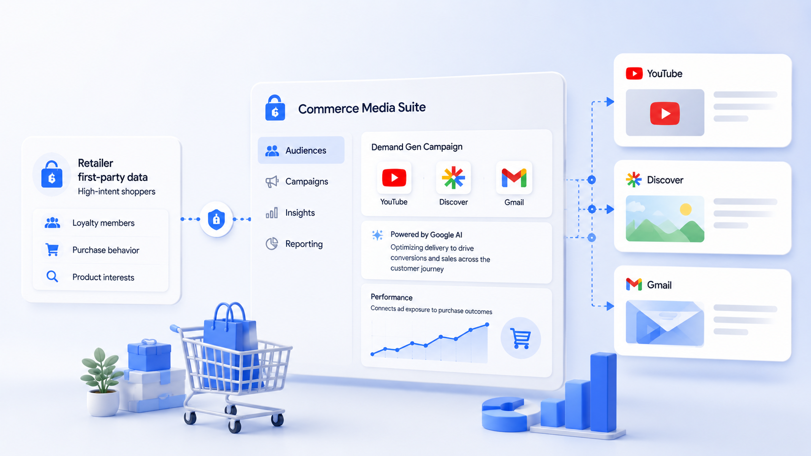 ```json
{
  "alt": "Illustration of Commerce Media Suite integrating retailer data with platforms like YouTube, Discover, and Gmail.",
  "caption": "Discover how Commerce Media Suite leverages retailer data to optimize campaigns with YouTube, Discover, and Gmail for better customer engagement.",
  "description": "This image illustrates the Commerce Media Suite's capability to integrate first-party retailer data, such as customer loyalty, purchase behavior, and interests, with digital platforms like YouTube, Discover, and Gmail. By employing Google AI, this suite optimizes ad delivery to enhance conversions and sales, furthering customer journey experiences. Also depicted are elements like a shopping cart, boxes, and a bar graph, symbolizing commerce and data analytics within the digital marketing ecosystem."
}
```