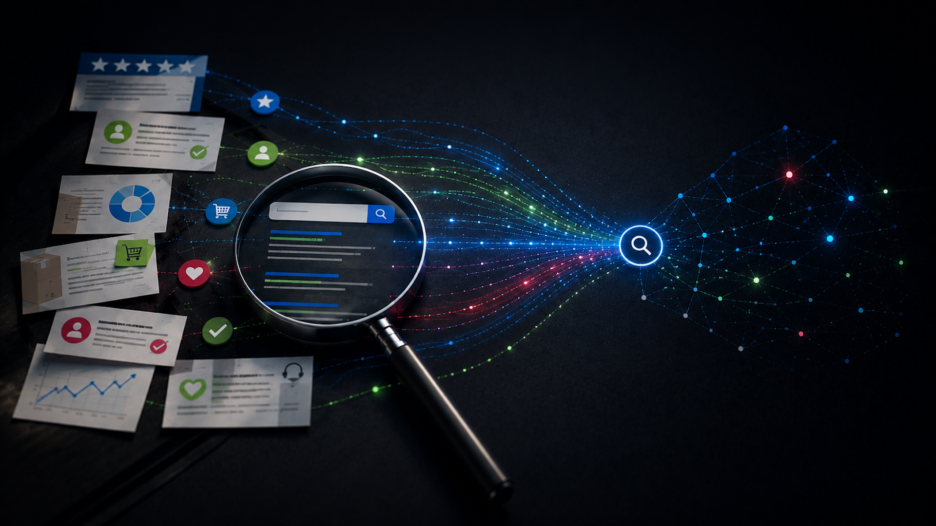 ```json
{
  "alt": "Magnifying glass analyzing digital data with icons representing various categories and a network of colorful lines.",
  "caption": "Dive into data analysis with a magnifying glass spotlight on digital information, transforming multicolored network lines into insightful categories.",
  "description": "The image showcases a magnifying glass focusing on digital data pieces, symbolizing data analysis. Various icons, including stars, shopping carts, and hearts, represent categories such as consumer ratings and preferences. Colorful lines connect to a network, visualizing data flow and connectivity. Ideal for themes around data science, analytics, or digital marketing, it highlights the process of extracting insights from complex information networks."
}
```