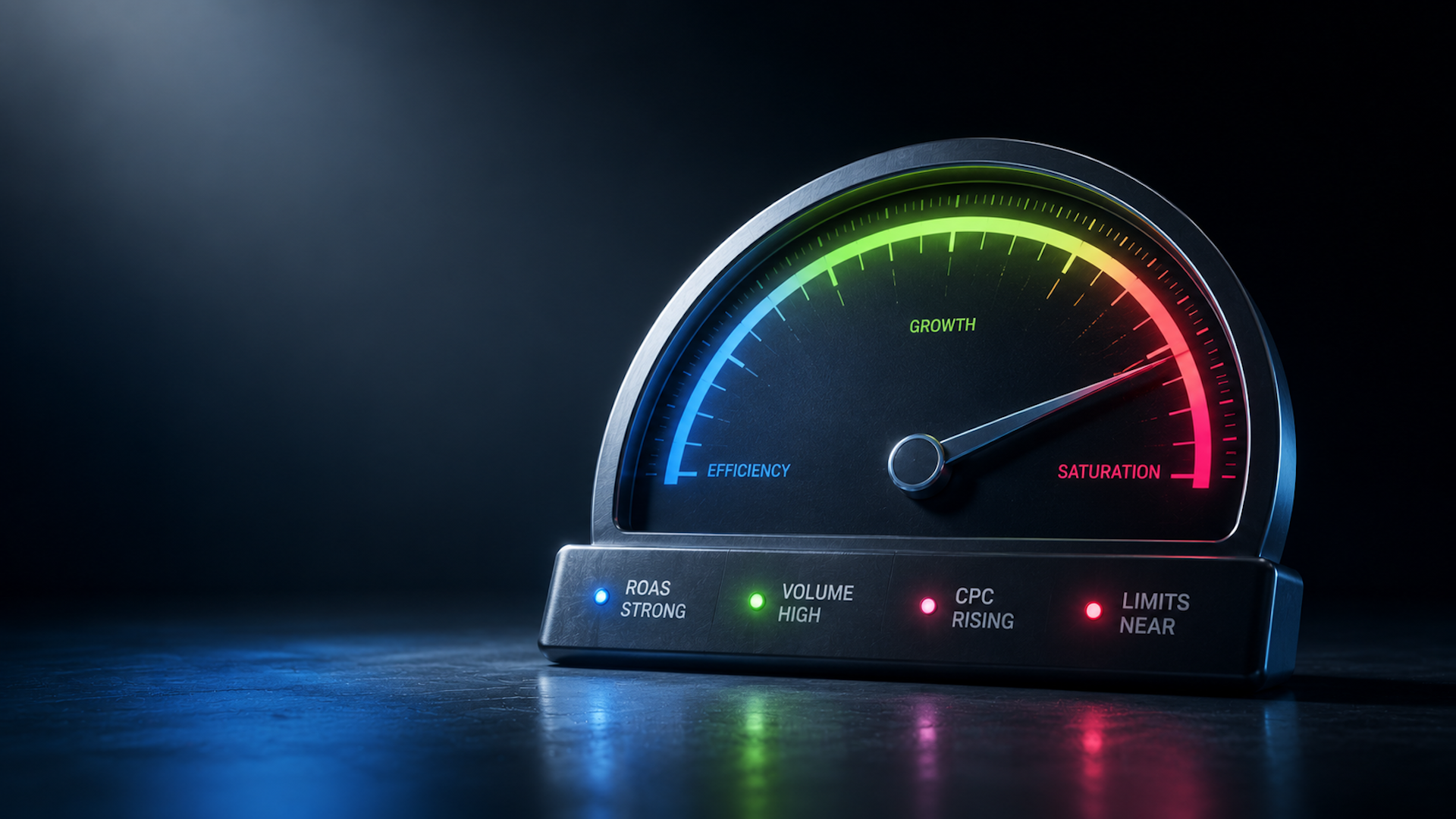 ```json
{
  "alt": "High-tech dial with blue to red gradient indicating efficiency to saturation levels with indicators for ROAS, volume, CPC, and limits.",
  "caption": "Explore the spectrum of growth displayed by this dynamic gauge, where efficiency transitions to saturation, monitored by vital business metrics.",
  "description": "This image features a high-tech gauge displaying a gradient from blue to red, symbolizing efficiency to saturation levels. Indicators at the bottom highlight business metrics: ROAS strong, volume high, CPC rising, and limits near. The design is sleek, set against a dark background, enhancing the vividness of the colors. Ideal for illustrating growth metrics and performance efficiency."
}
```