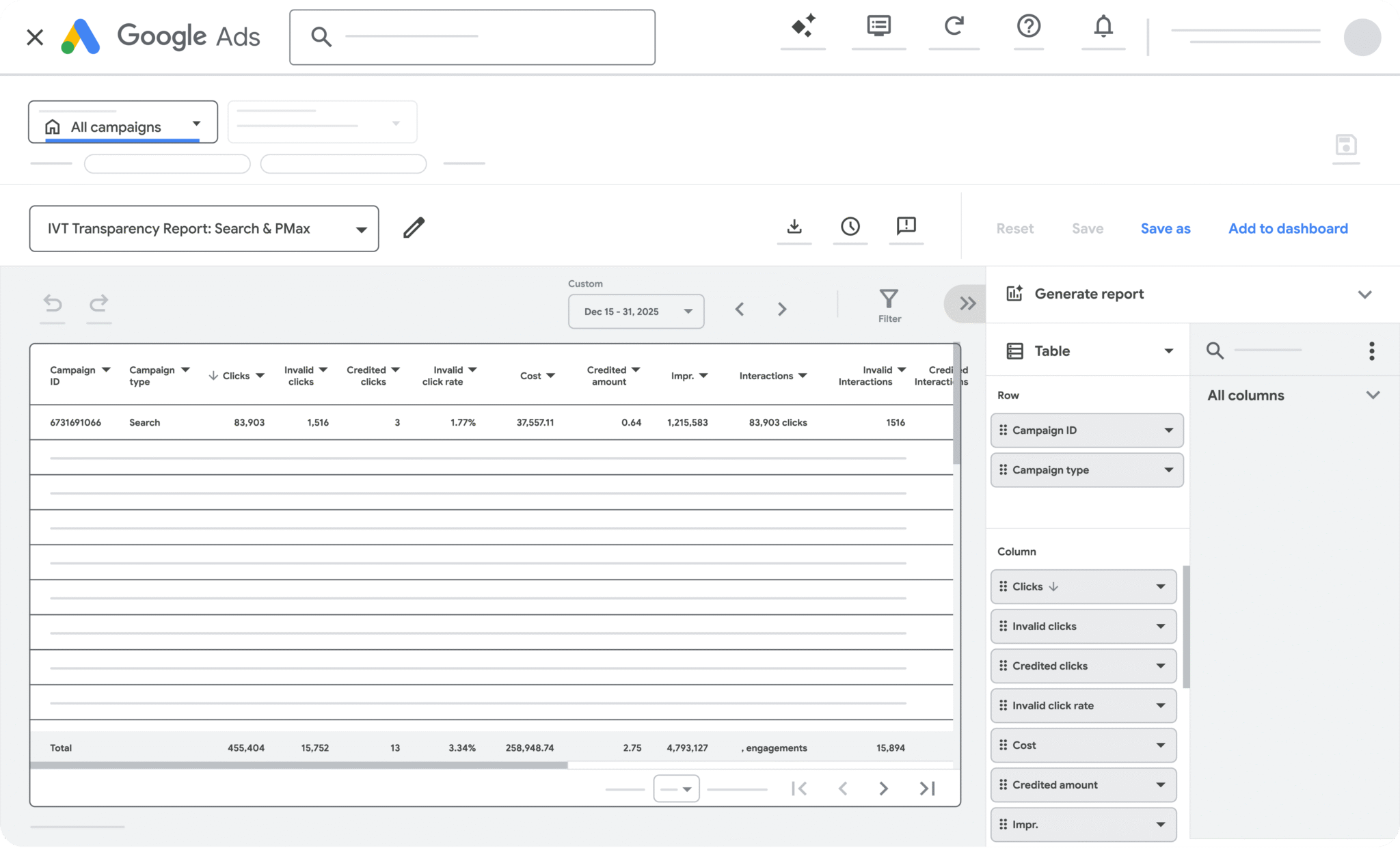 ```json
{
"alt": "Google Ads dashboard showing a report on campaign performance metrics such as clicks, cost, and impressions.",
"caption": "Dive into your campaign insights with Google Ads! Explore detailed metrics like clicks, costs, and impressions for better performance analysis.",
"description": "This image displays a Google Ads dashboard featuring a report titled 'IVT Transparency Report: Search & PMax'. The report presents detailed campaign performance metrics including clicks, invalid clicks, credited clicks, cost, impressions, and interactions. The dashboard allows for customization of the report view, filtering, and saving options, providing comprehensive insights into the advertising campaign's efficiency. This helps advertisers analyze and optimize their digital marketing strategies effectively."
}
```