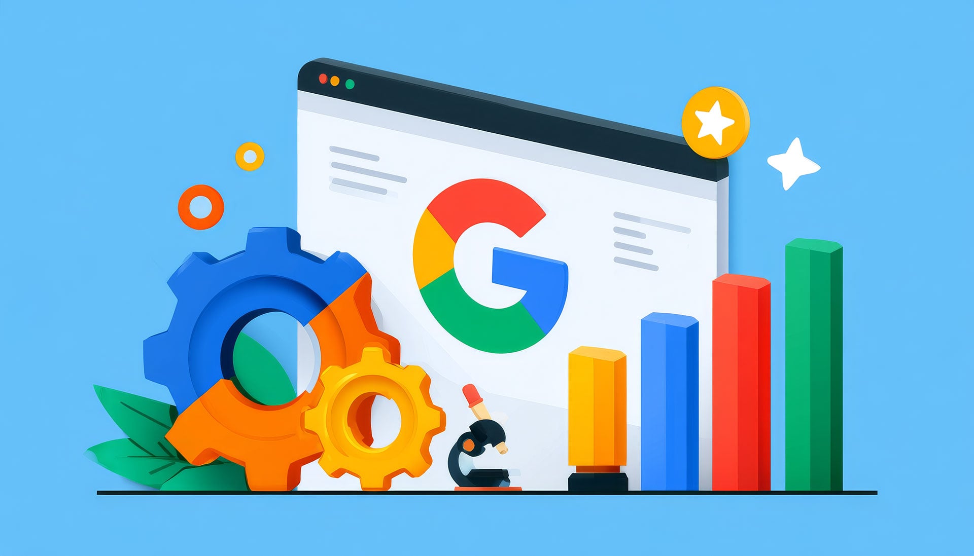 ```json
{
  "alt": "Illustration of Google analytics with gears, a microscope, and bar graphs against a blue background.",
  "caption": "Exploring the dynamic world of Google analytics, this vibrant illustration showcases gears, a microscope, and colorful bar graphs, symbolizing innovation and analysis.",
  "description": "This illustration features Google's logo on a web page alongside gears, symbolizing technology, with a microscope representing research and discovery. Bar graphs add a splash of color, indicating data analysis and growth against a soft blue background. Ideal for themes of digital innovation and analytics, this image is perfect for articles and presentations focusing on technological advancements and data-driven strategies."
}
```