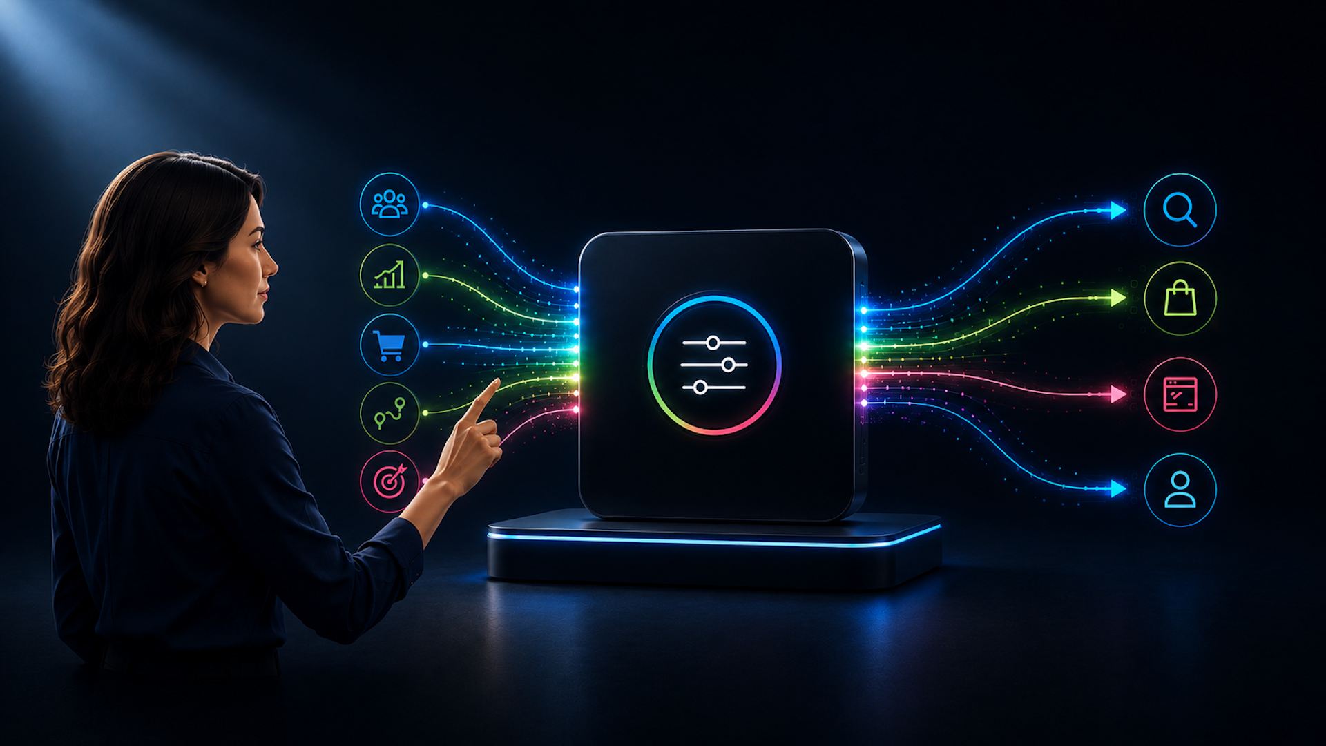 ```json
{
  "alt": "Woman interacting with digital dashboard, visualizing data flow with colorful icons connected to a central hub.",
  "caption": "A woman explores the future of digital interaction, seamlessly connecting through a vibrant data interface.",
  "description": "The image shows a woman in a dark setting interacting with a digital dashboard. A central hub displays a colorful icon representing connectivity. Multiple colorful lines branch from the hub, each ending in distinct icons symbolizing data categories like shopping, analytics, and user profiles. The scene represents modern data management and interaction concepts."
}
```